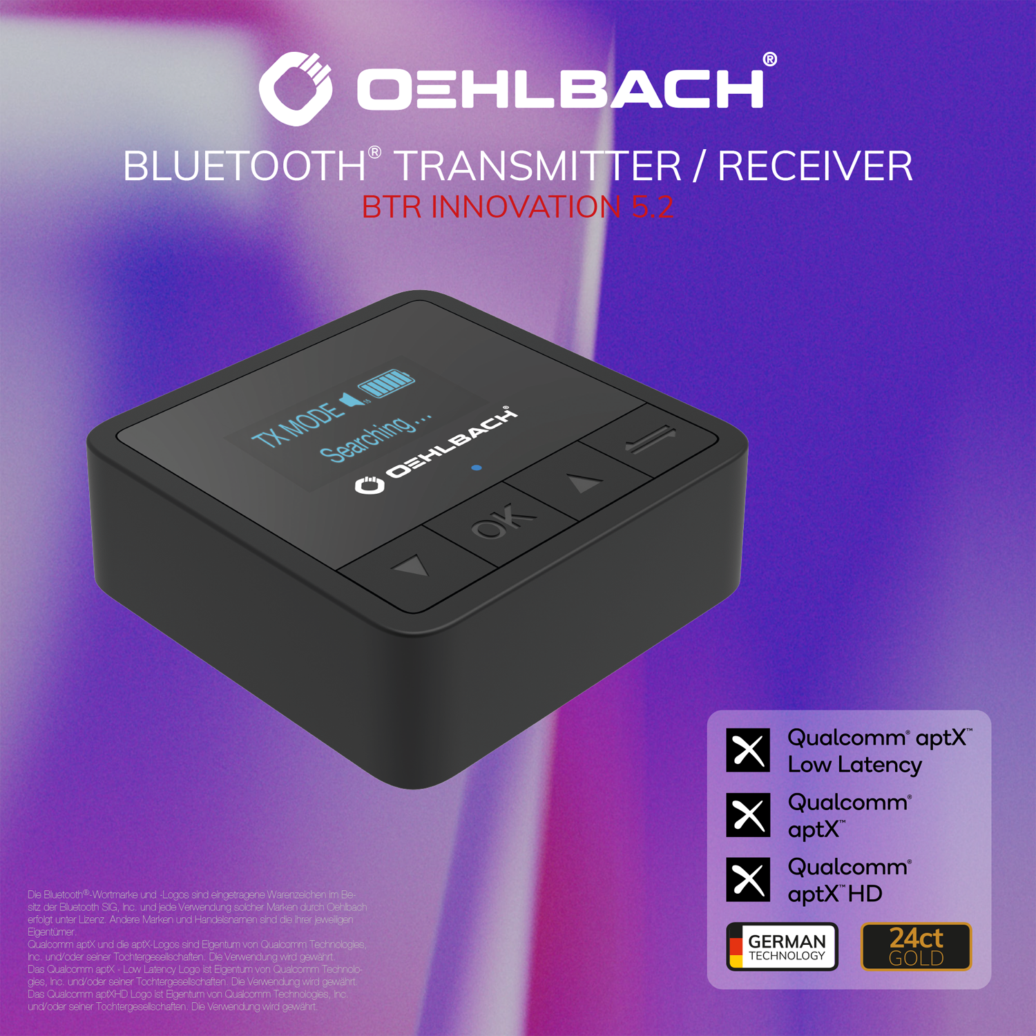 Bluetooth Transmitter Receiver Oehlbach schwarz kleines Gerät mit Bedienelementen und Oehlbach Logo auf der Oberseite