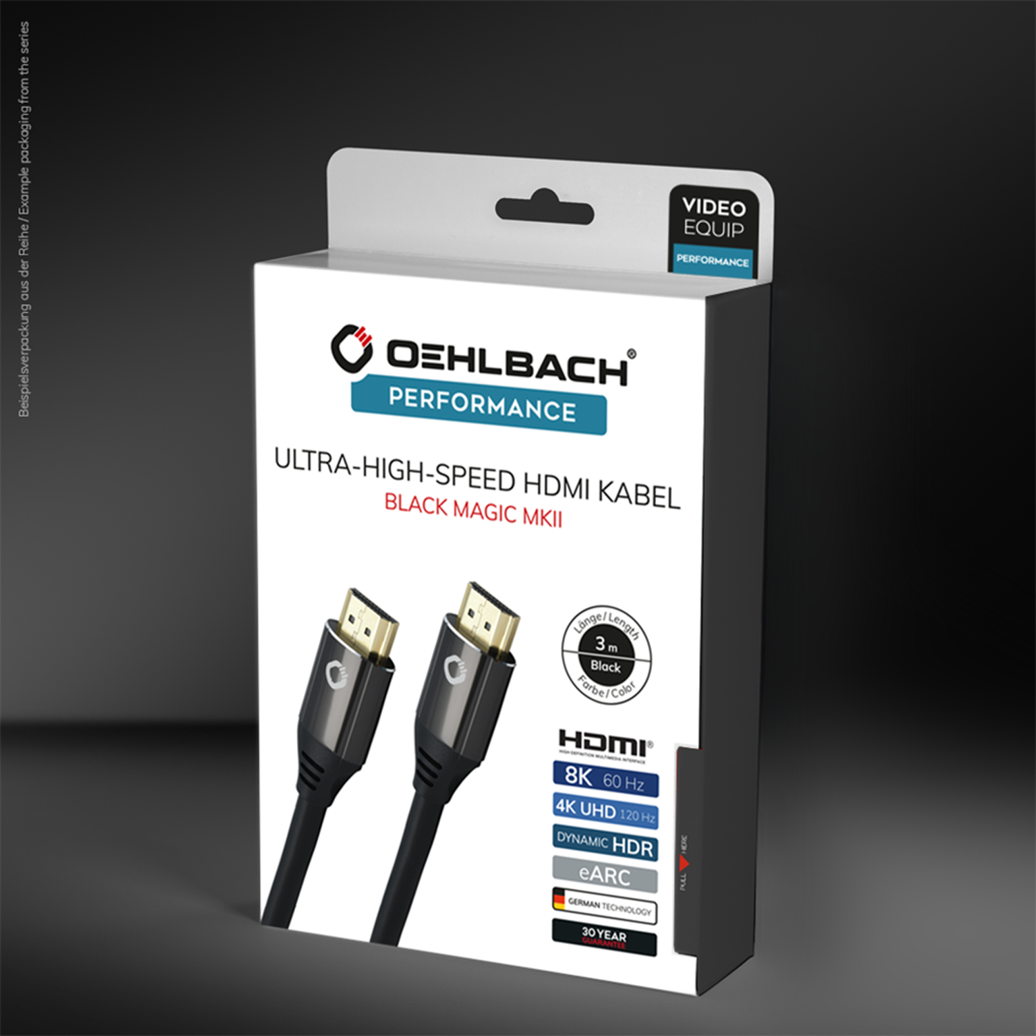 Black Magic MKII Ultra High-Speed HDMI Kabel 3D-Verpackung Ultra High-Speed HDMI Kabel Oehlbach schwarze Box mit weißer Aufschrift Black Magic MKII goldene Stecker
