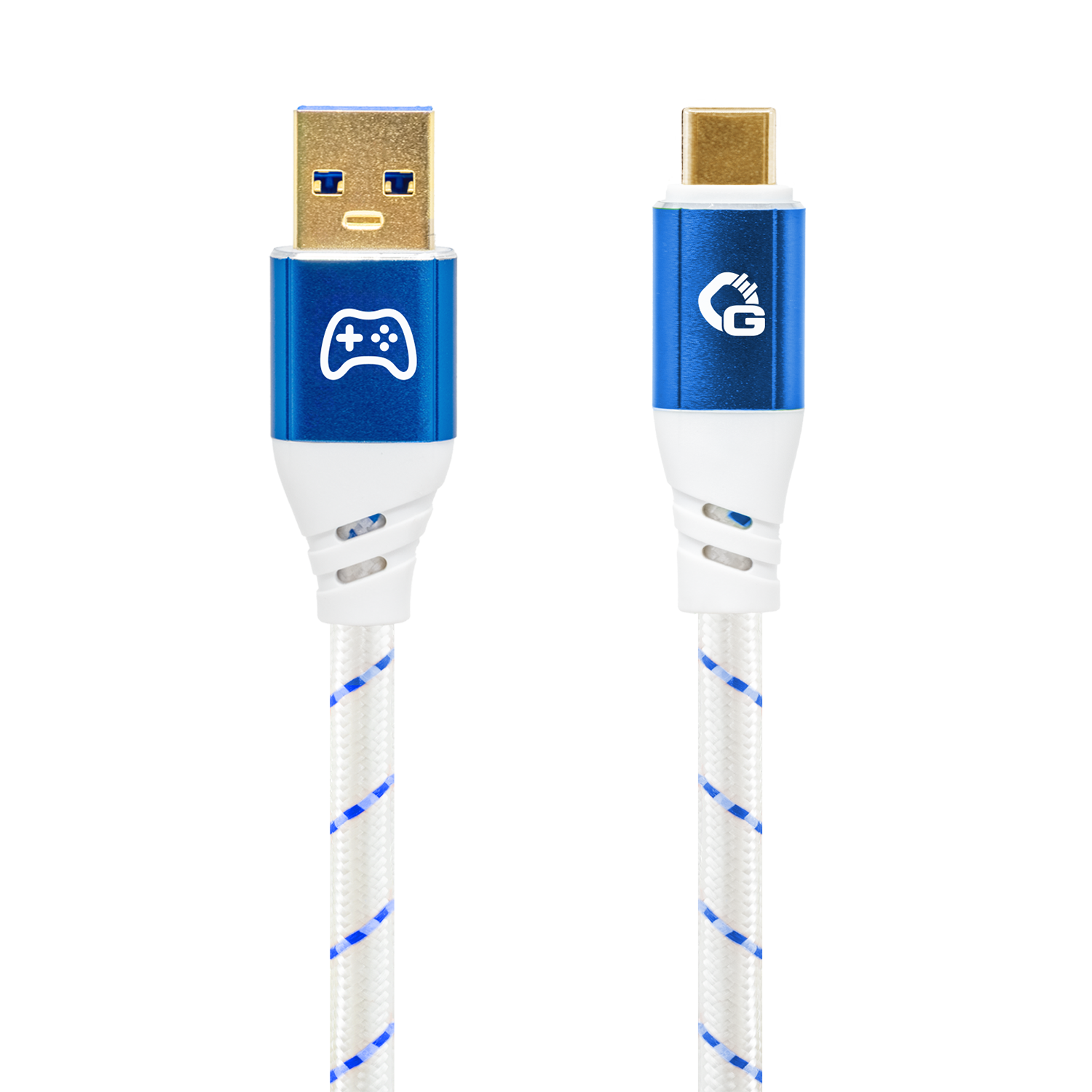 USB-A- auf USB-C-Kabel mit blauen Steckern, Symbolen für Gaming