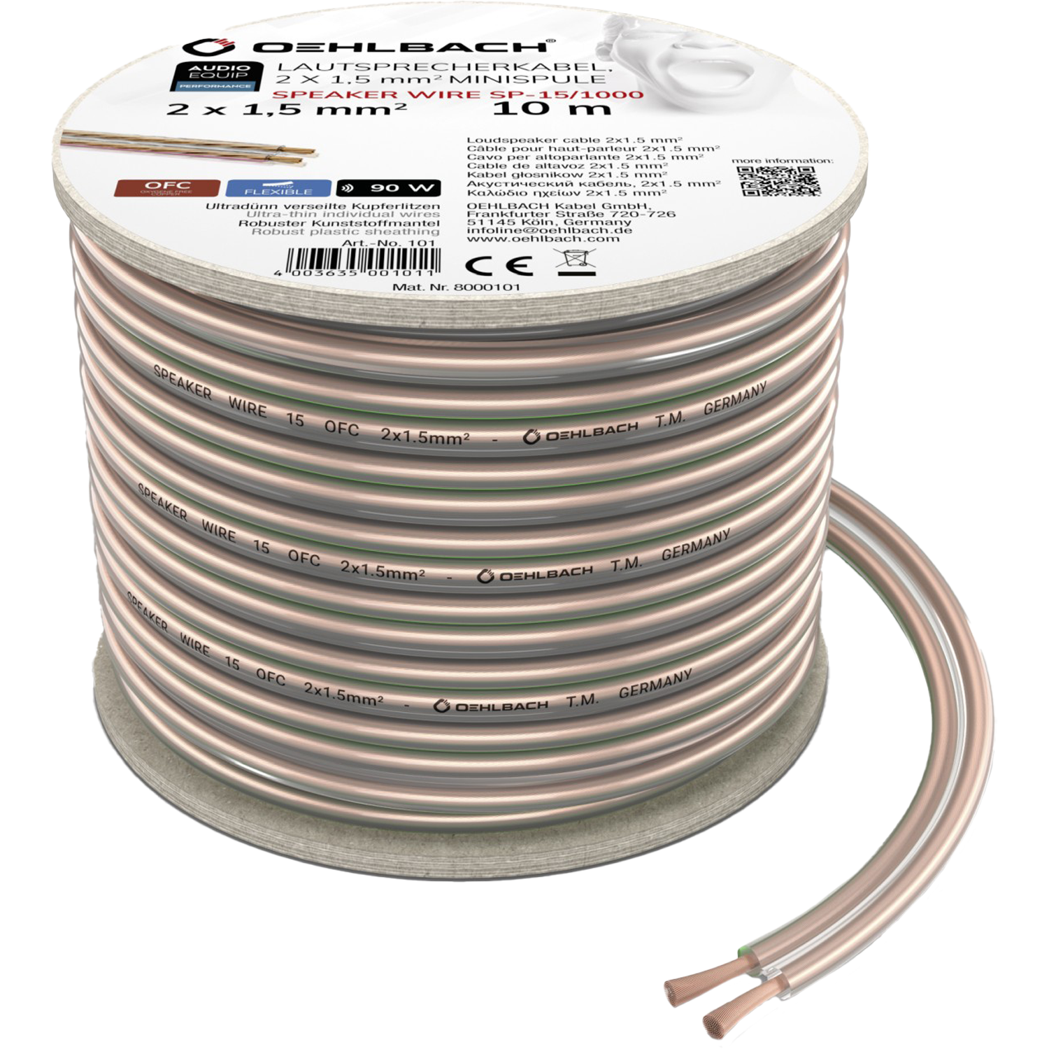 Speaker Wire SP-15 Lautsprecherkabel Lautsprecherkabel Oehlbach Nahaufnahme zwei Adern transparent kupferfarben spiralförmig nebeneinander auf weißem Hintergrund