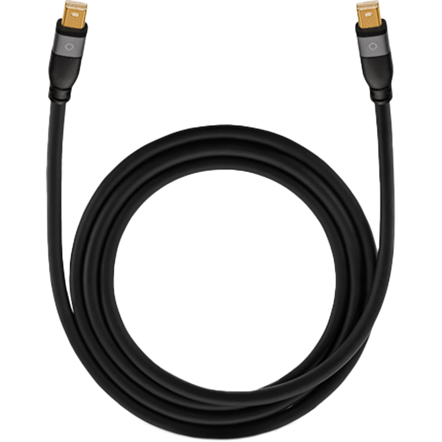 Displayportkabel DP-Mini Oehlbach schwarz goldene Stecker spiralförmig auf weißem Hintergrund
