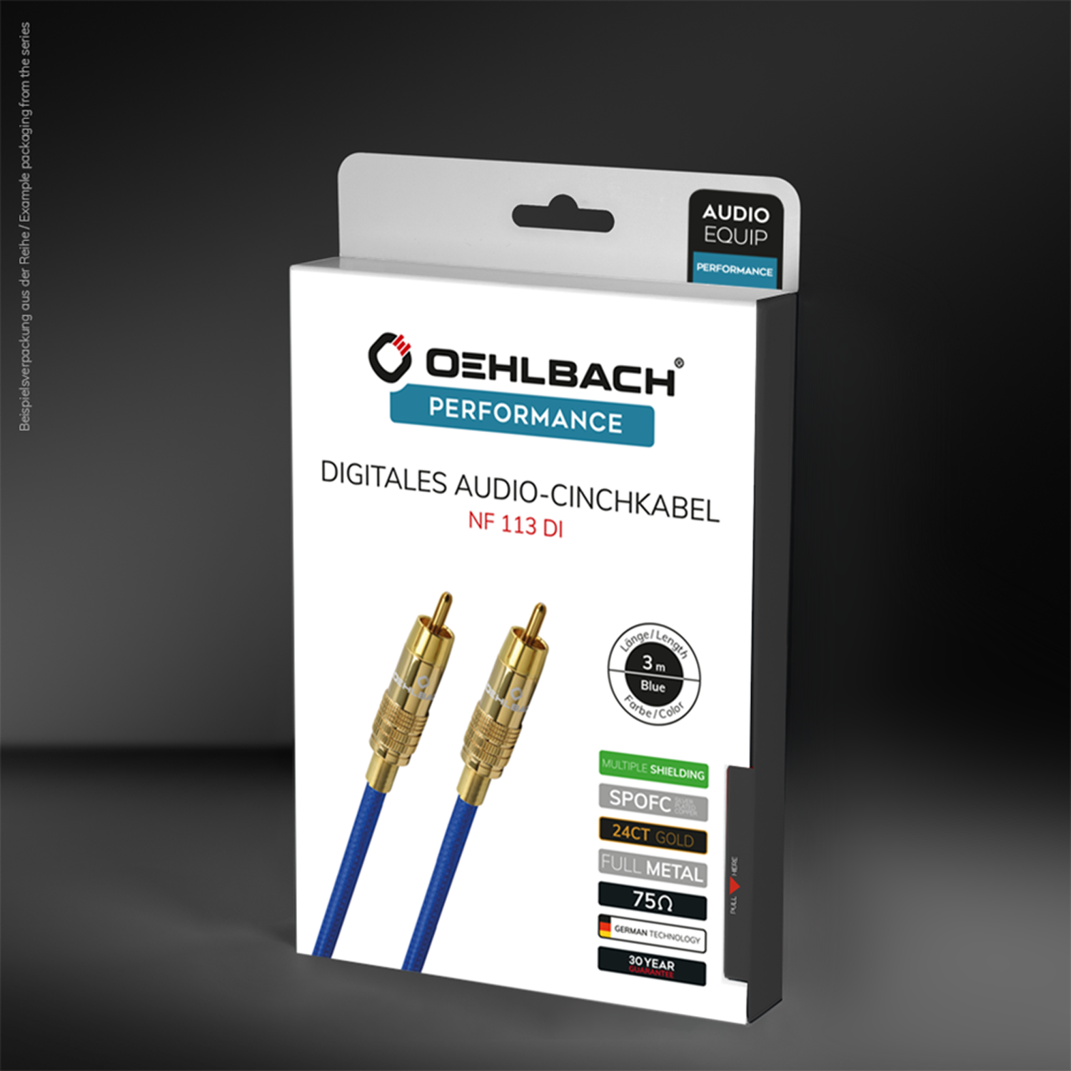 3D-Verpackung Digitales Audio-Cinchkabel Oehlbach Vorderseite zeigt Kabelabbildung mit Text Digitales Audio-Cinchkabel