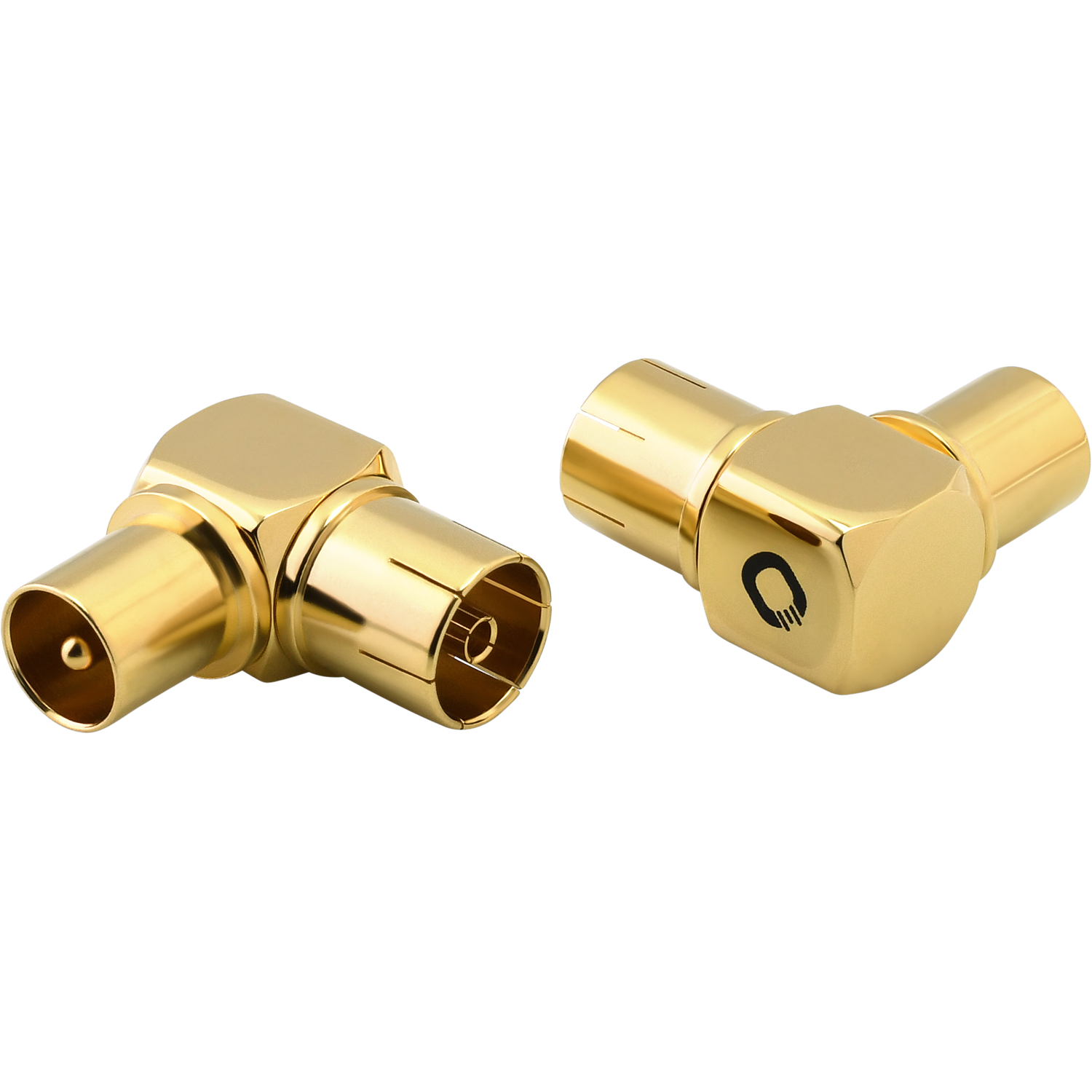 Winkelverbinder Oehlbach goldfarben L-förmig mit zwei Steckverbindungen schwarze Aufschrift Oehlbach auf einem Stecker