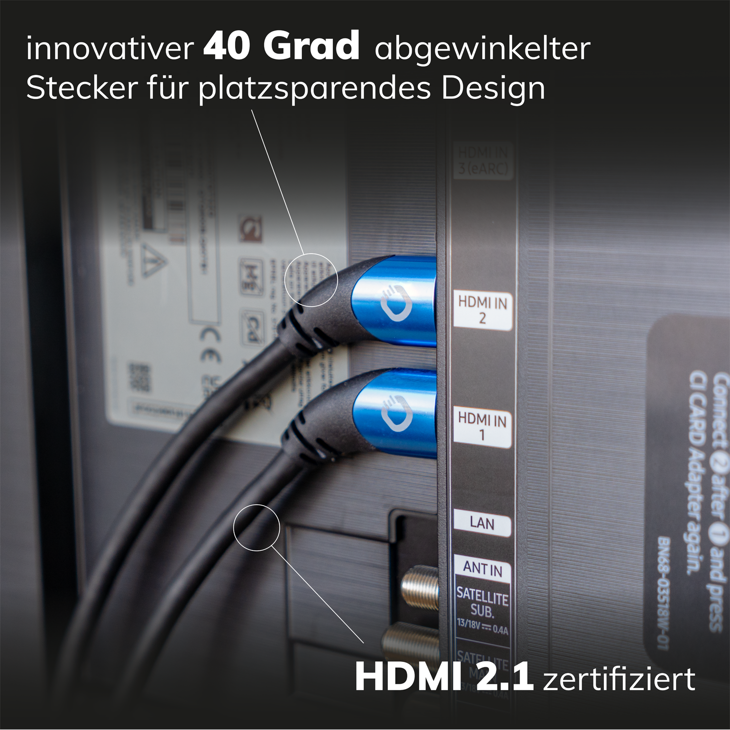 HDMI-Kabel mit Aufschrift Ultra High Speed und Oehlbach-Logo auf schwarzem Hintergrund. Kabel diagonal im Bild.
