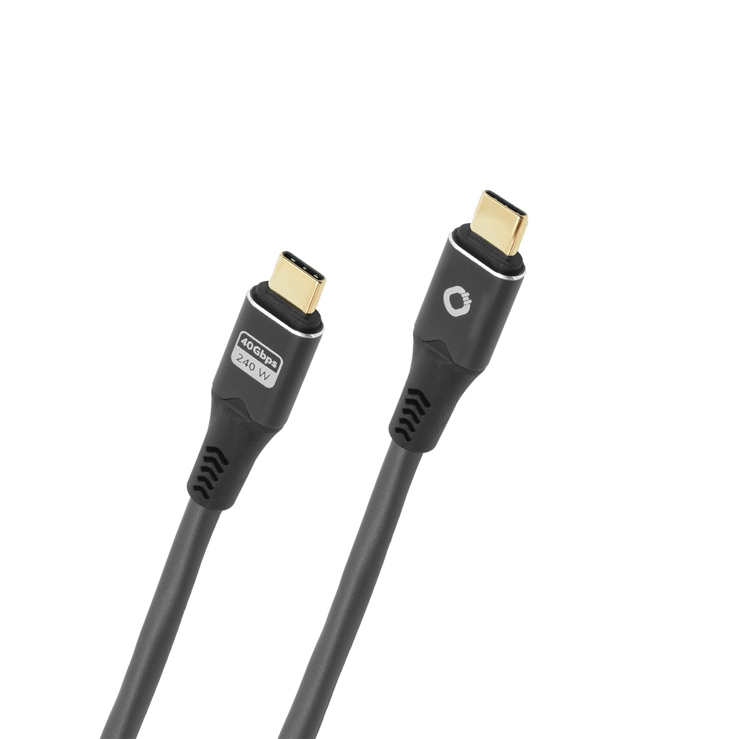 USB TYPE-C Kabel von Oehlbach auf grauem Hintergrund mit schwarzem Stecker und Oehlbach-Logo links oben