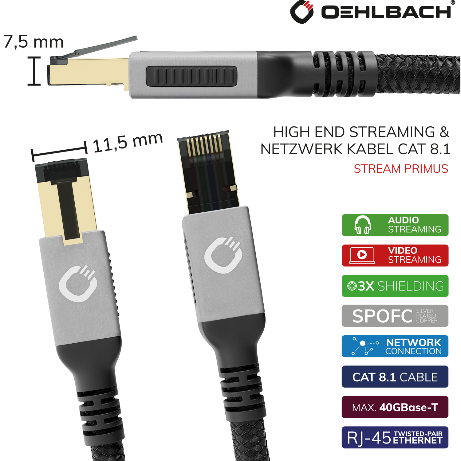 Oehlbach High End Streaming Netzwerk Kabel Cat 8.1 schwarz goldener Stecker links mit Oehlbach Logo auf Stecker