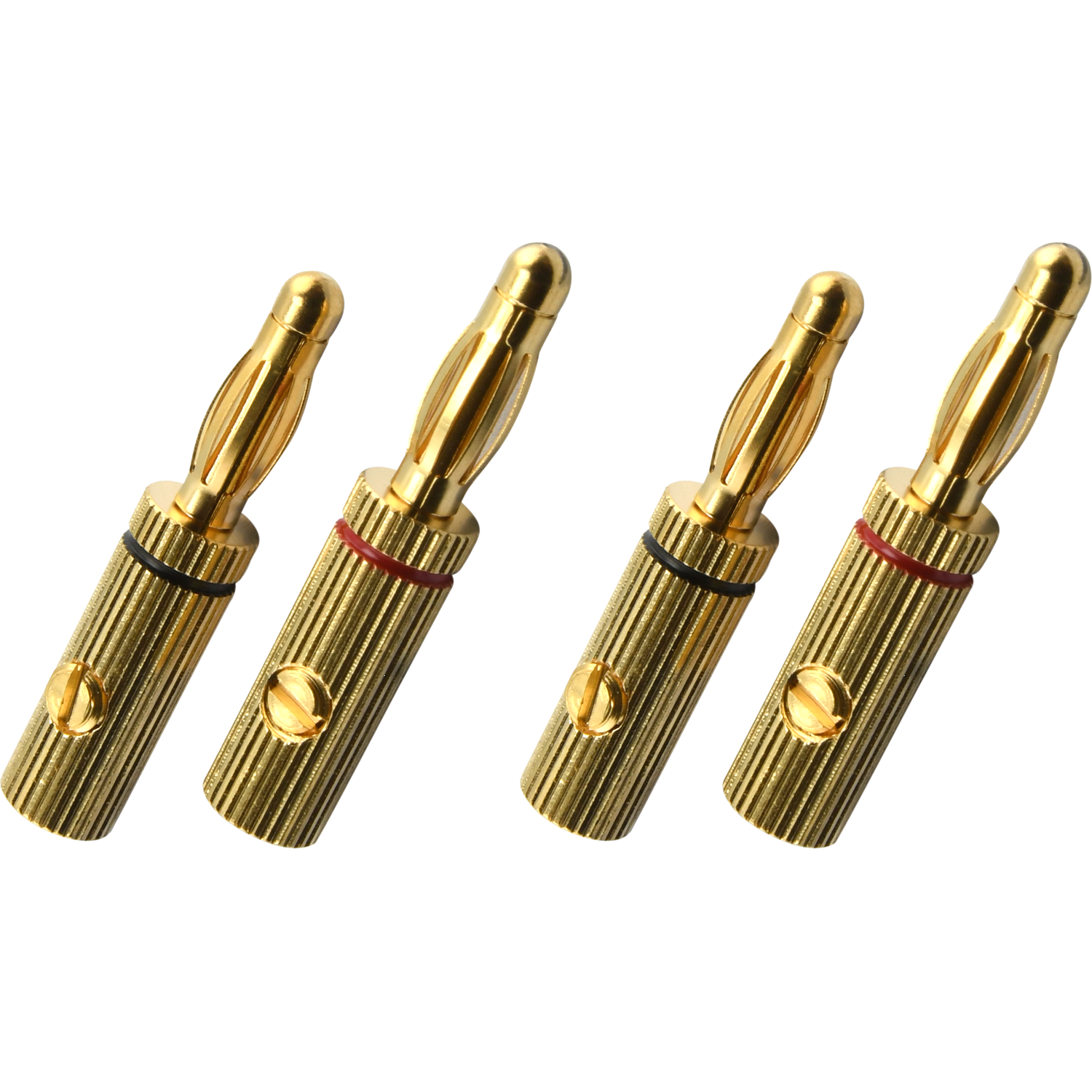 Bananen-Stecker Oehlbach goldfarben schwarzer Griff Aufschrift Oehlbach auf Stecker horizontale Anordnung auf weißem Hintergrund