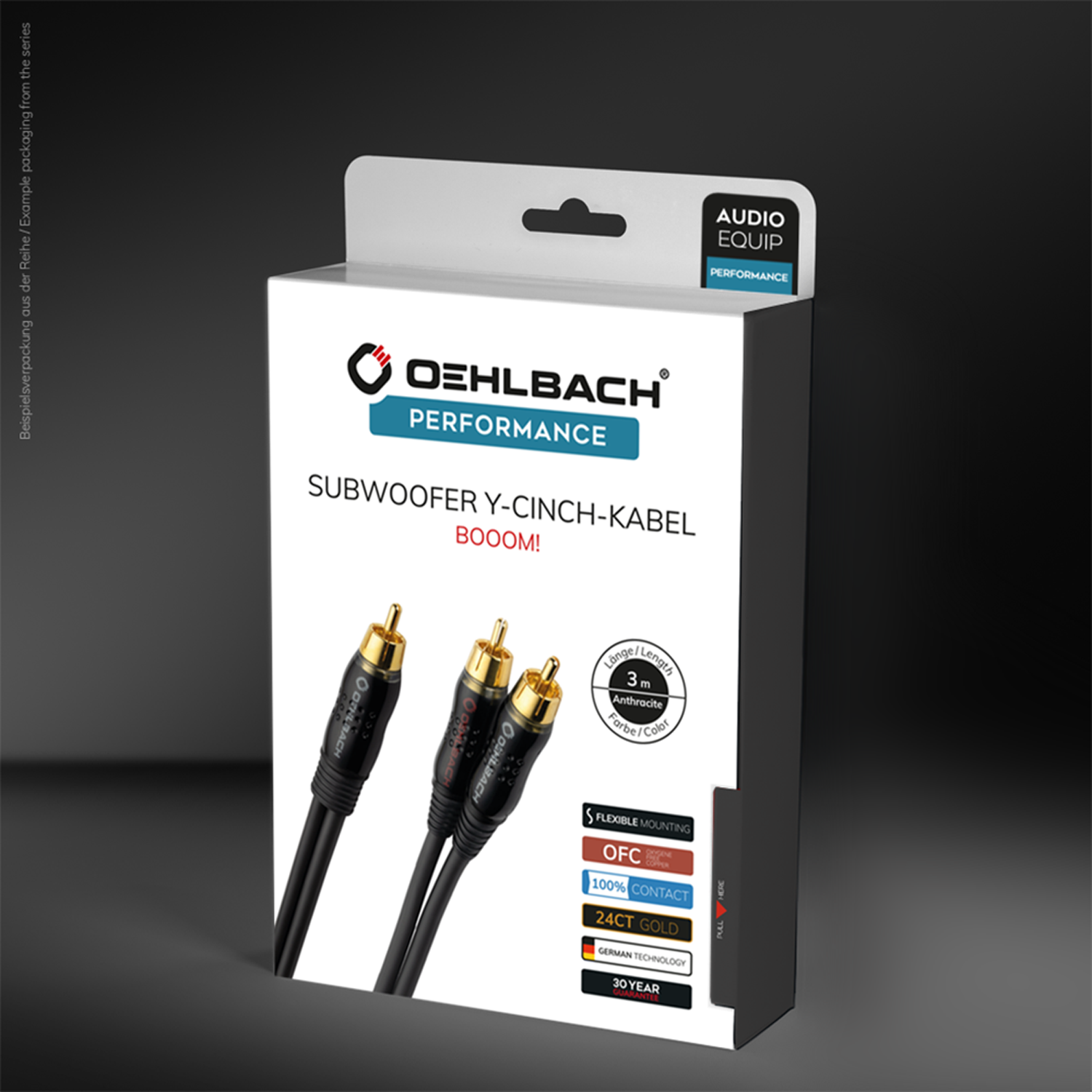 Verpackung Subwoofer Y-Cinch-Kabel Oehlbach BOOOM 3D Grafik Kabel diagonal mit Oehlbach Logo oben links