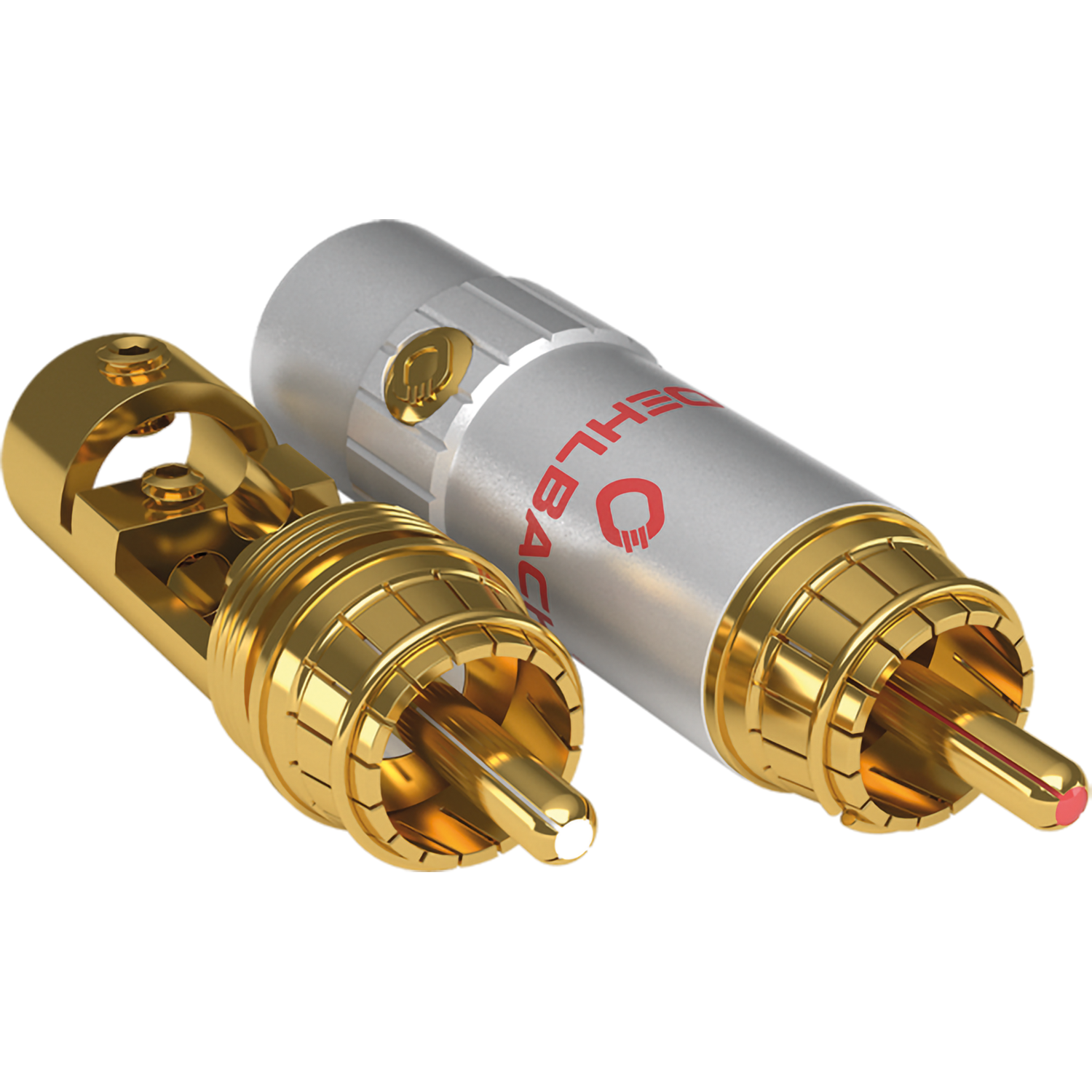 Goldener High End Cinch Stecker von Oehlbach mit schwarzem Gehäuse und Aufschrift Silicon Evolution auf weißem Hintergrund