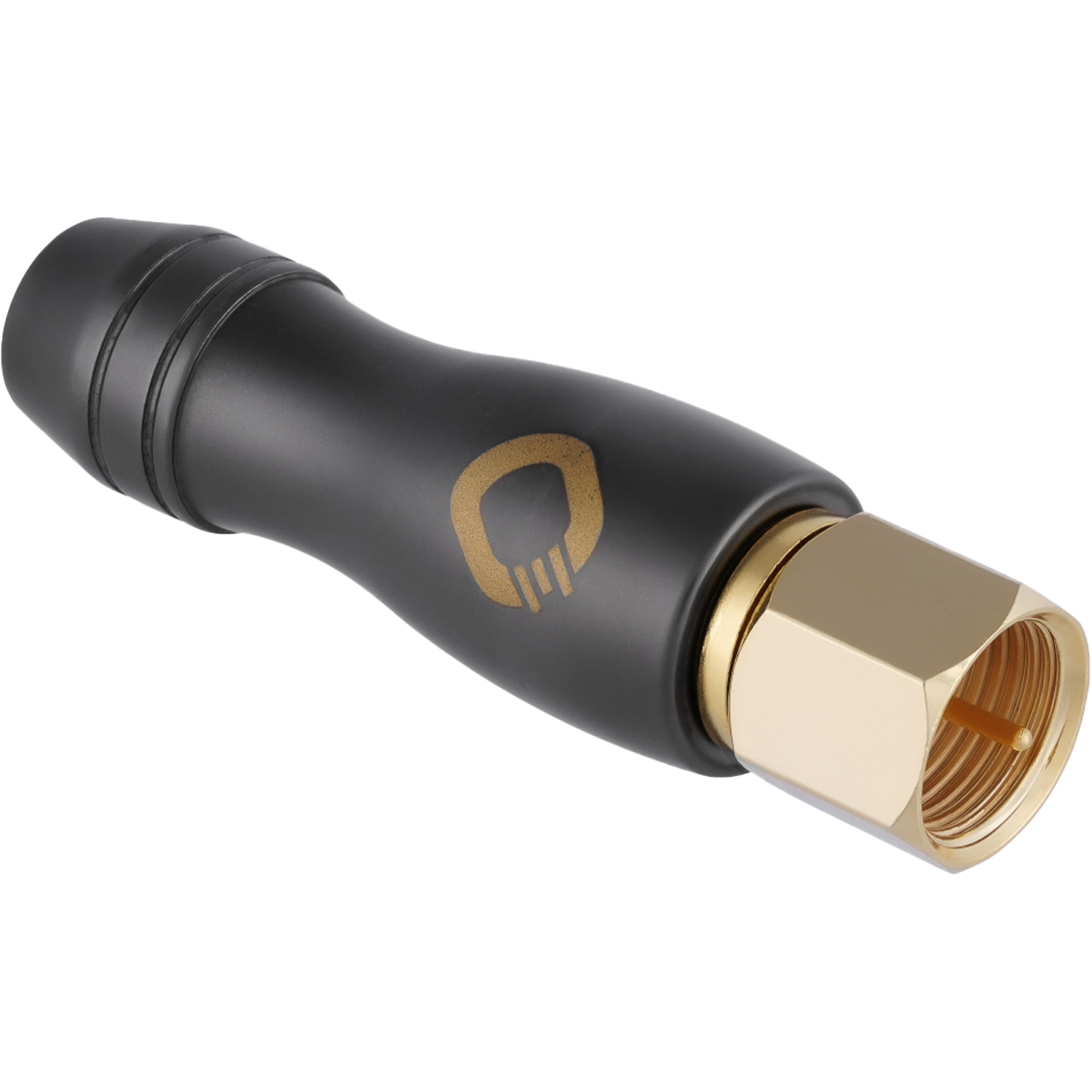 Zwei silberne F-Stecker mit geriffelter Oberfläche auf schwarzem Hintergrund. Oben mittig Oehlbach-Logo in Weiß.