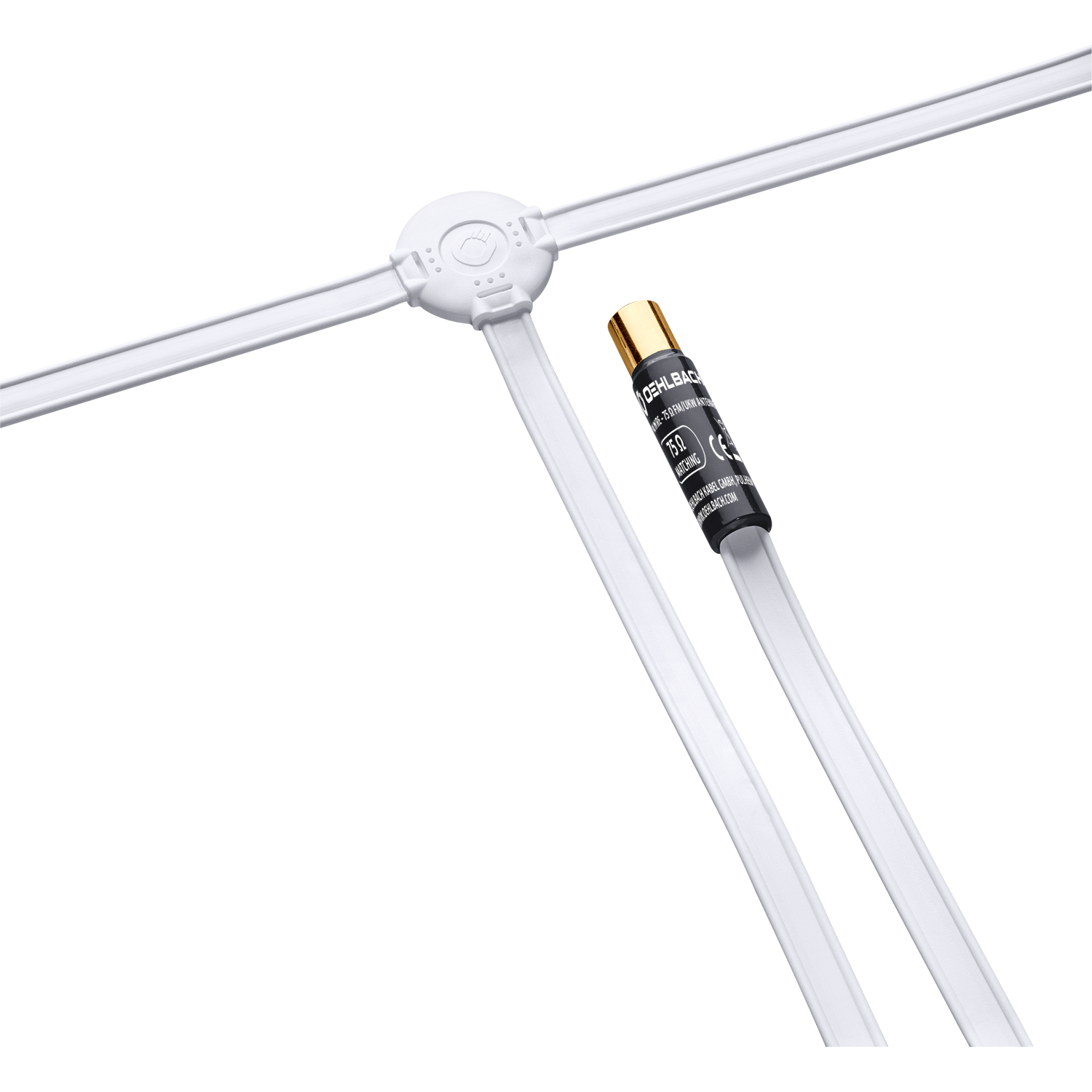 DAB+/FM Antenne mit 75 Ohm Quick F-Stecker Kabel rechts neben Steckeransicht Hintergrund weiß