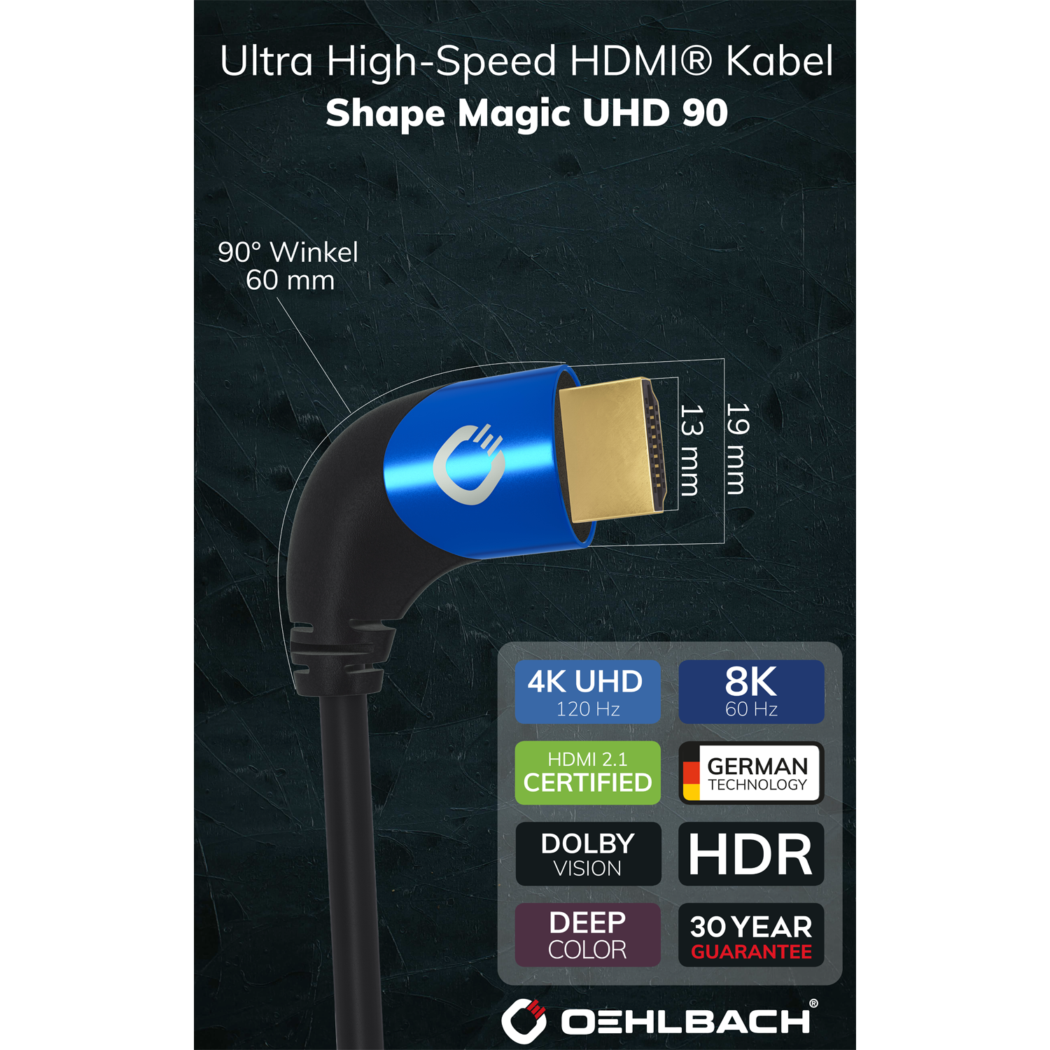 Ultra-High-Speed HDMI Kabel Oehlbach schwarz Aufschrift Ultra High Speed links Stecker rechts Stecker auf grauem Hintergrund