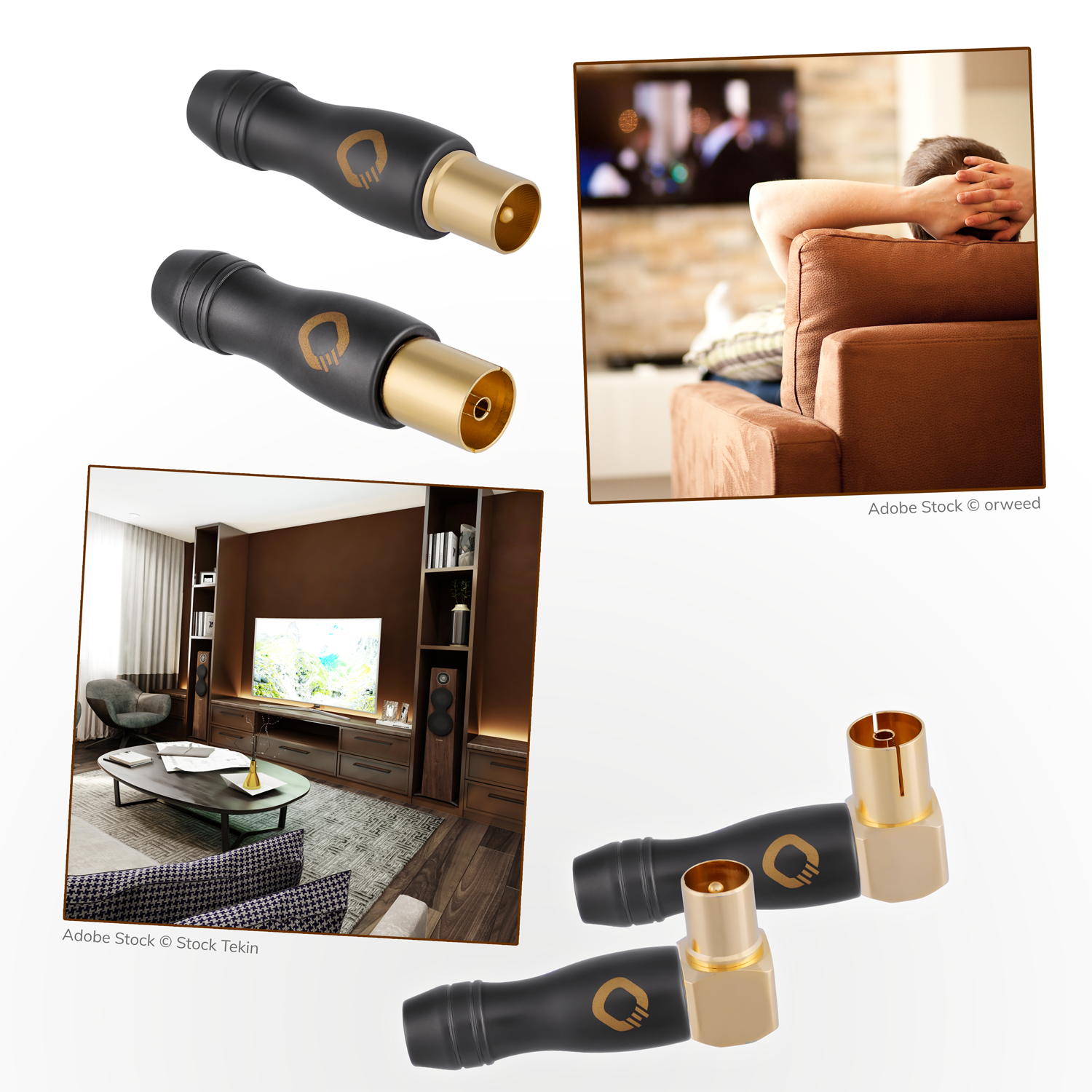 Zwei goldfarbene Antennenstecker nebeneinander auf weißem Hintergrund mit Aufschrift Oehlbach Transmission Shift 01 oben rechts