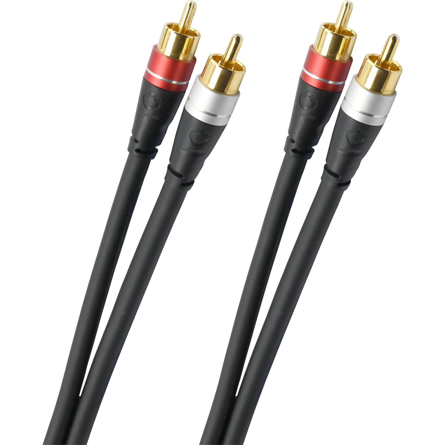 Audio-Cinchkabel Oehlbach schwarz-gold zwei Stecker gelb markiert links Kabel rechts auf weißem Hintergrund