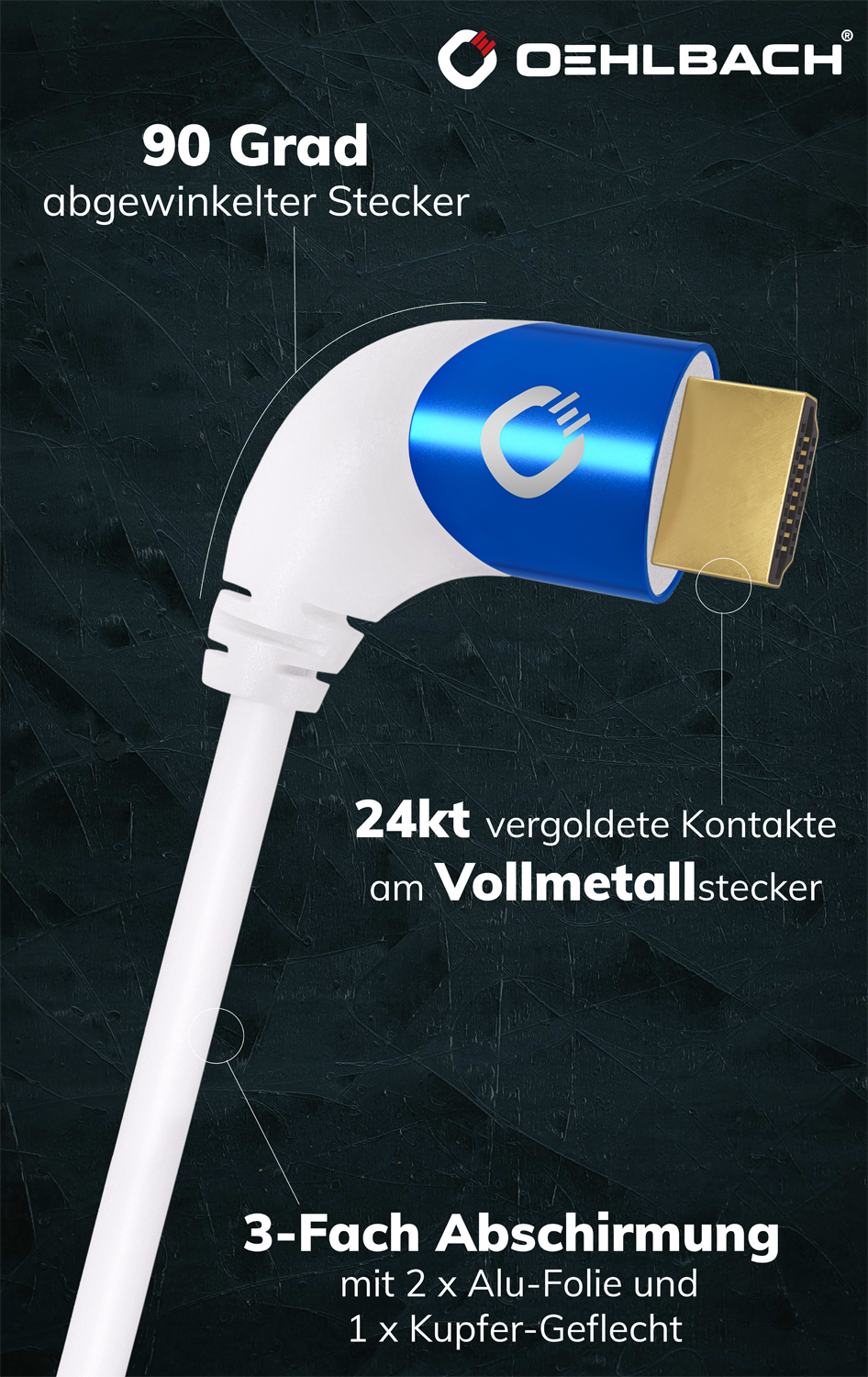 HDMI-Kabel mit goldenen Steckern und schwarzem gewobenem Kabelmantel Text Ultra High Speed HDMI Oehlbach