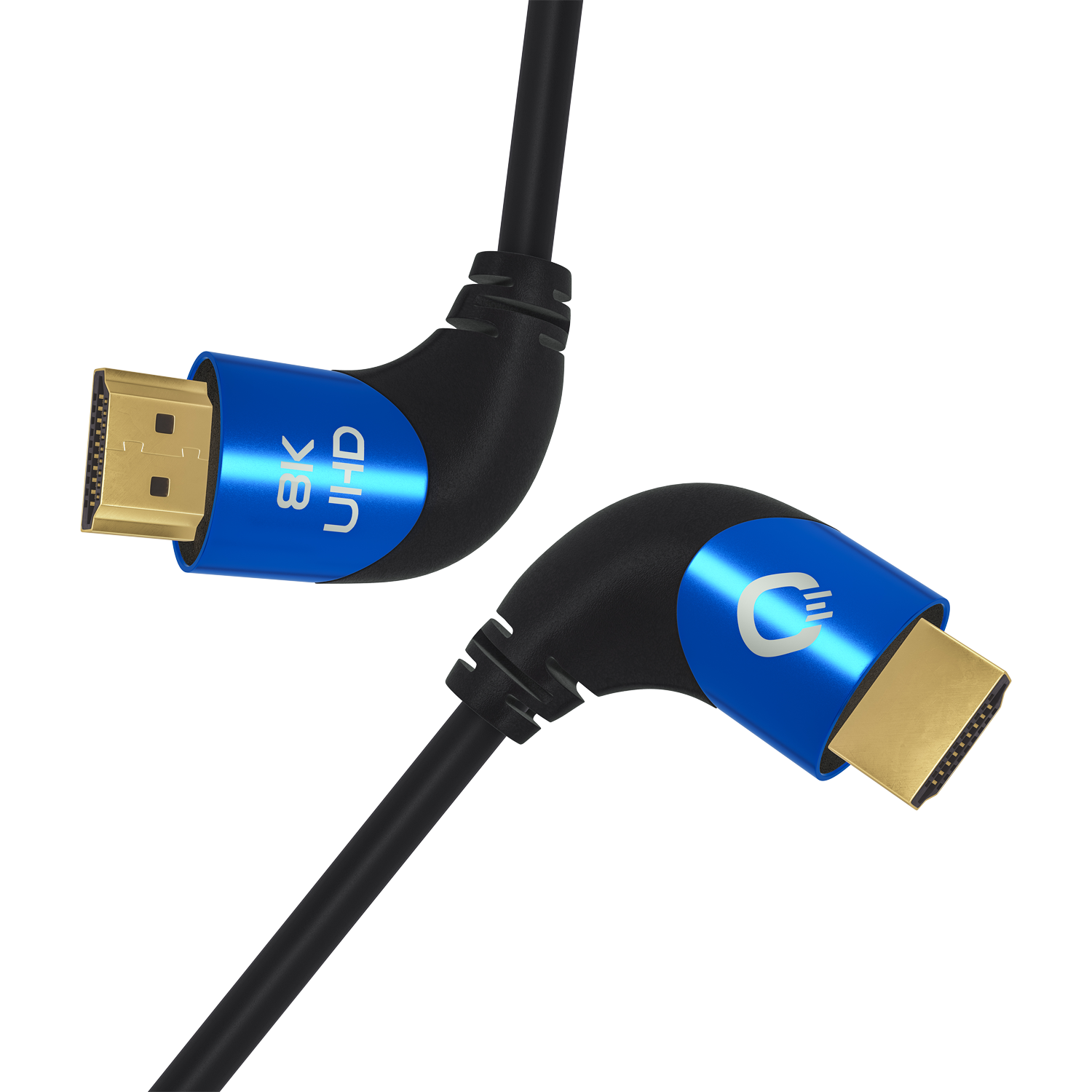 HDMI-Kabel mit Aufschrift Ultra High Speed Oehlbach schwarzes Kabel mit goldfarbenen Steckern auf weißem Hintergrund