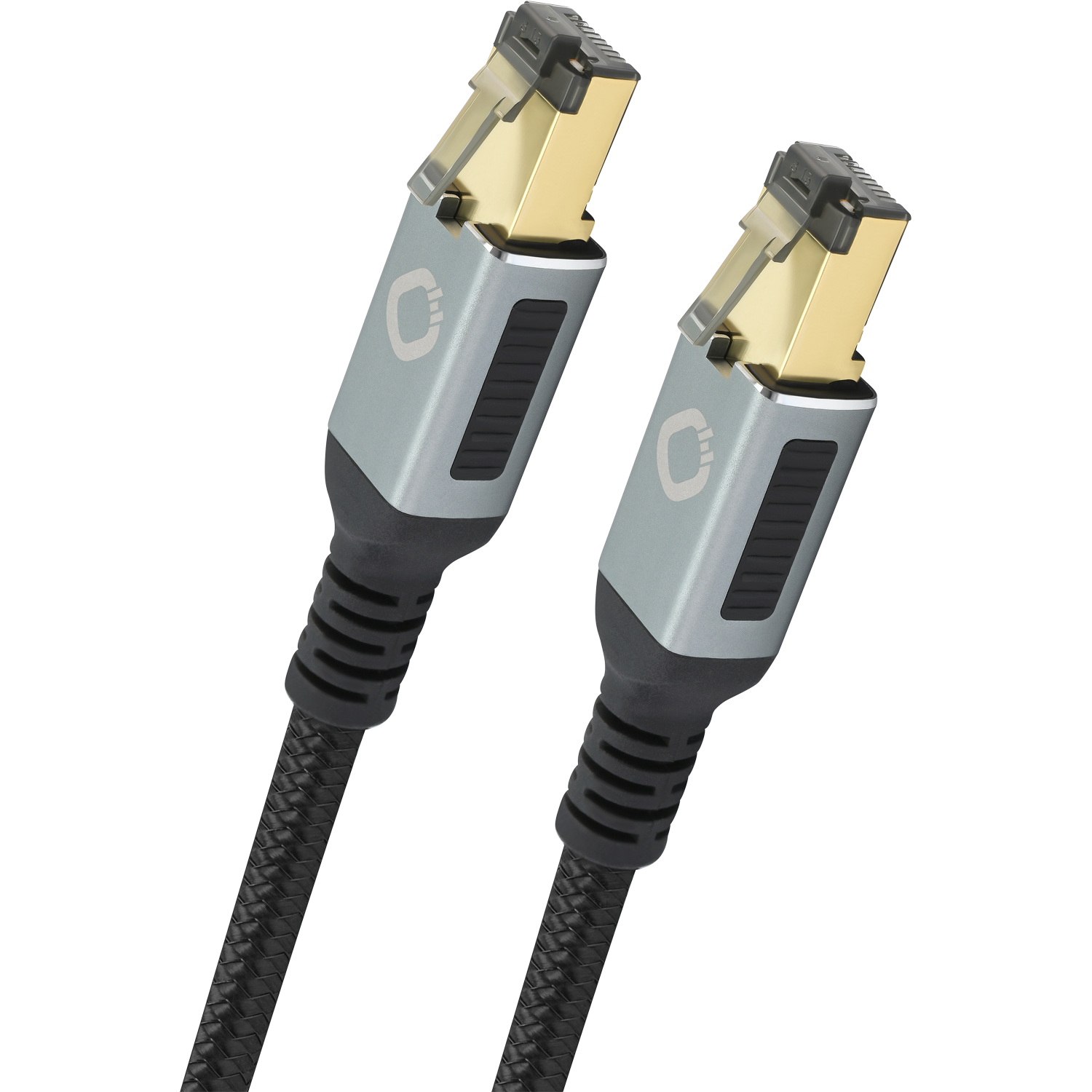 Bild zeigt ein schwarzes High End Streaming Netzwerk Kabel Cat 8.1 von Oehlbach auf weißem Hintergrund Logo Oehlbach oben links