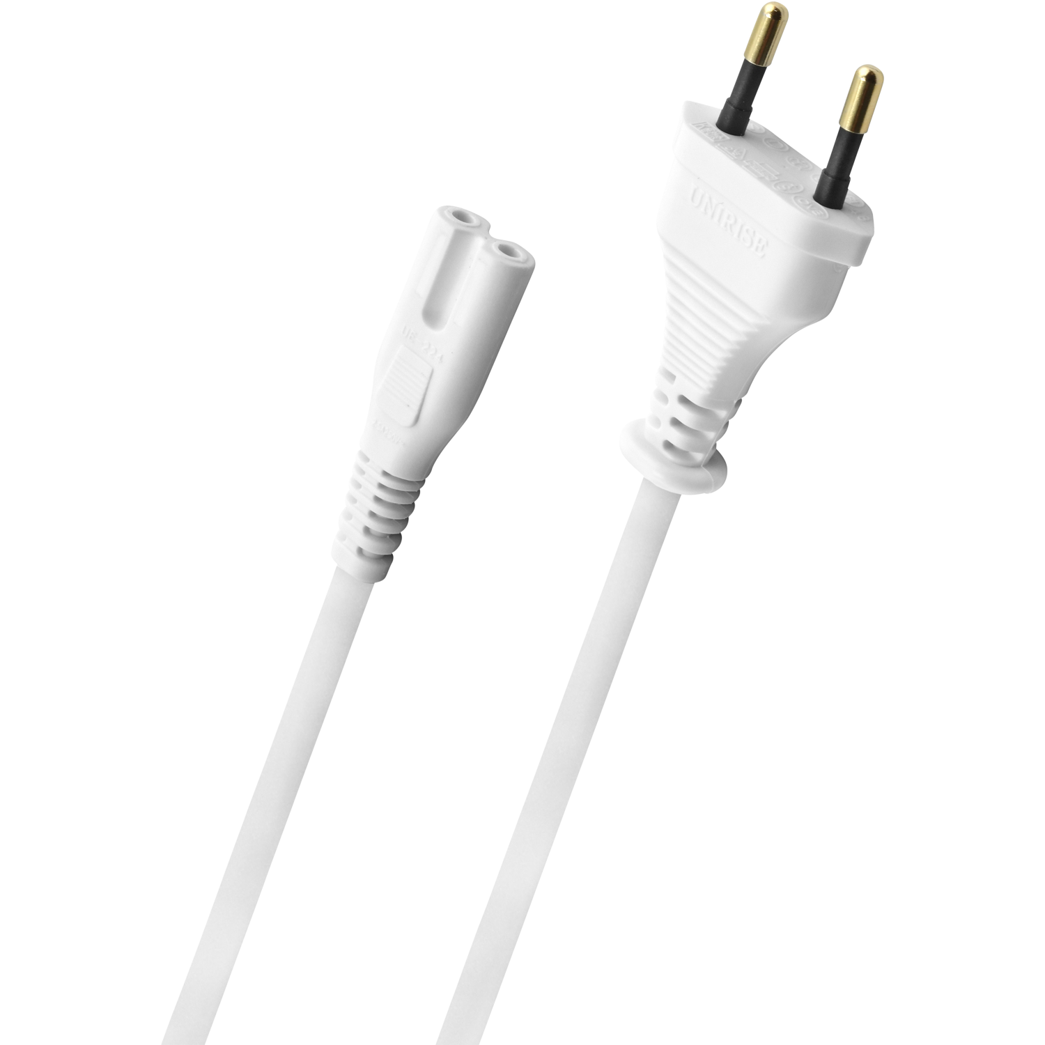 Schwarzes Netzkabel mit Euro-Flachstecker links und C7-Anschluss rechts auf weißem Hintergrund.