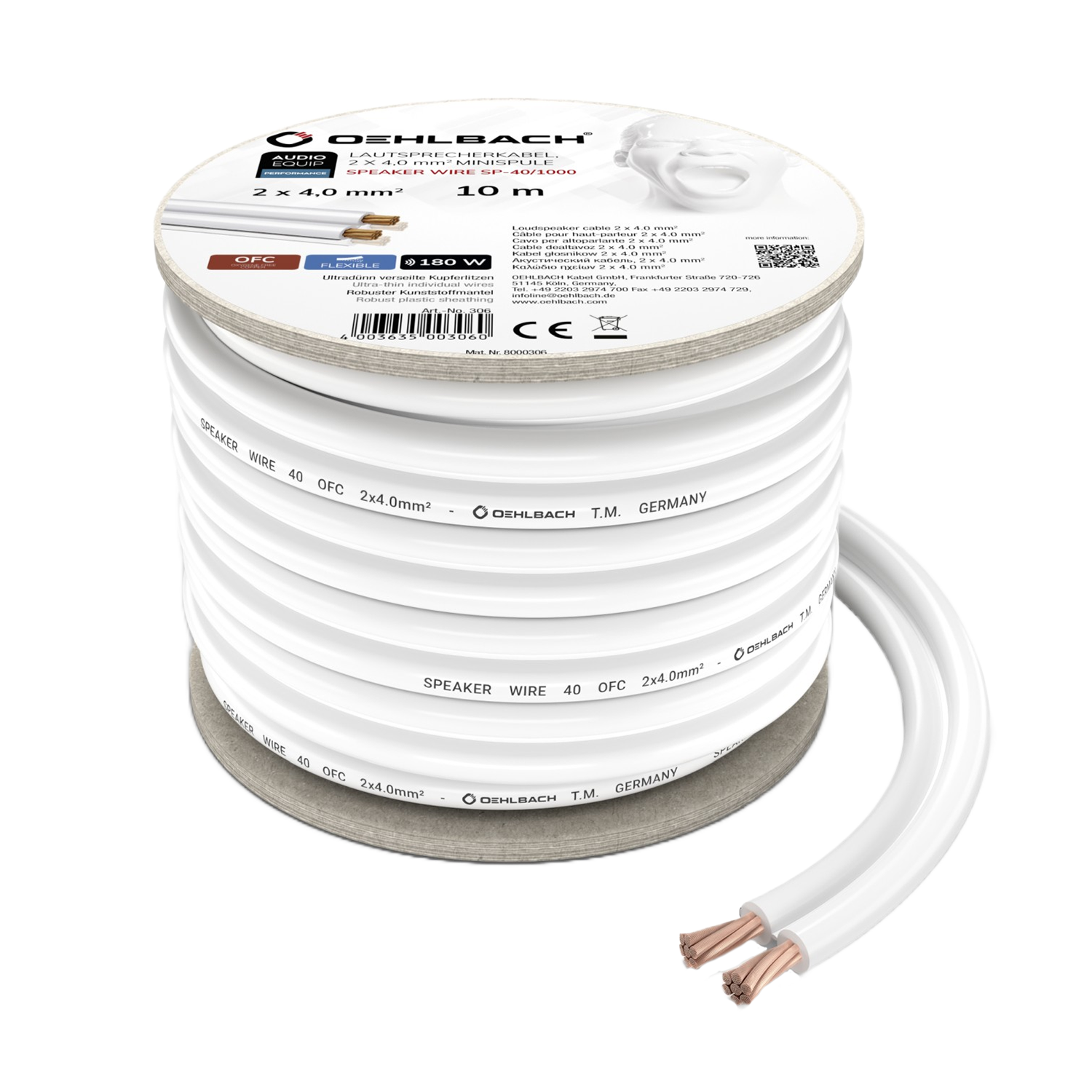 Speaker Wire SP-40 Lautsprecherkabel Lautsprecherkabel Oehlbach spiralförmig gewickelt auf weißem Hintergrund mit sichtbaren Kupferdrähten an beiden Enden
