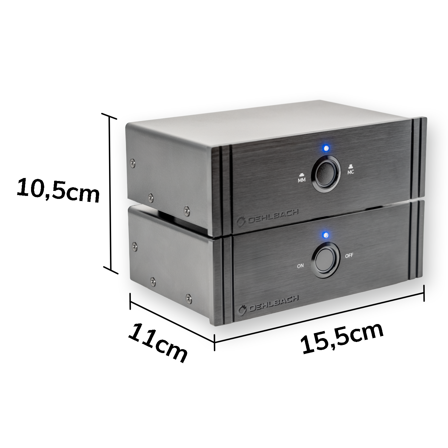 Zwei Oehlbach-Geräte mit Maßen 15,5 cm × 11 cm × 10,5 cm, blaue LEDs und Bedientasten