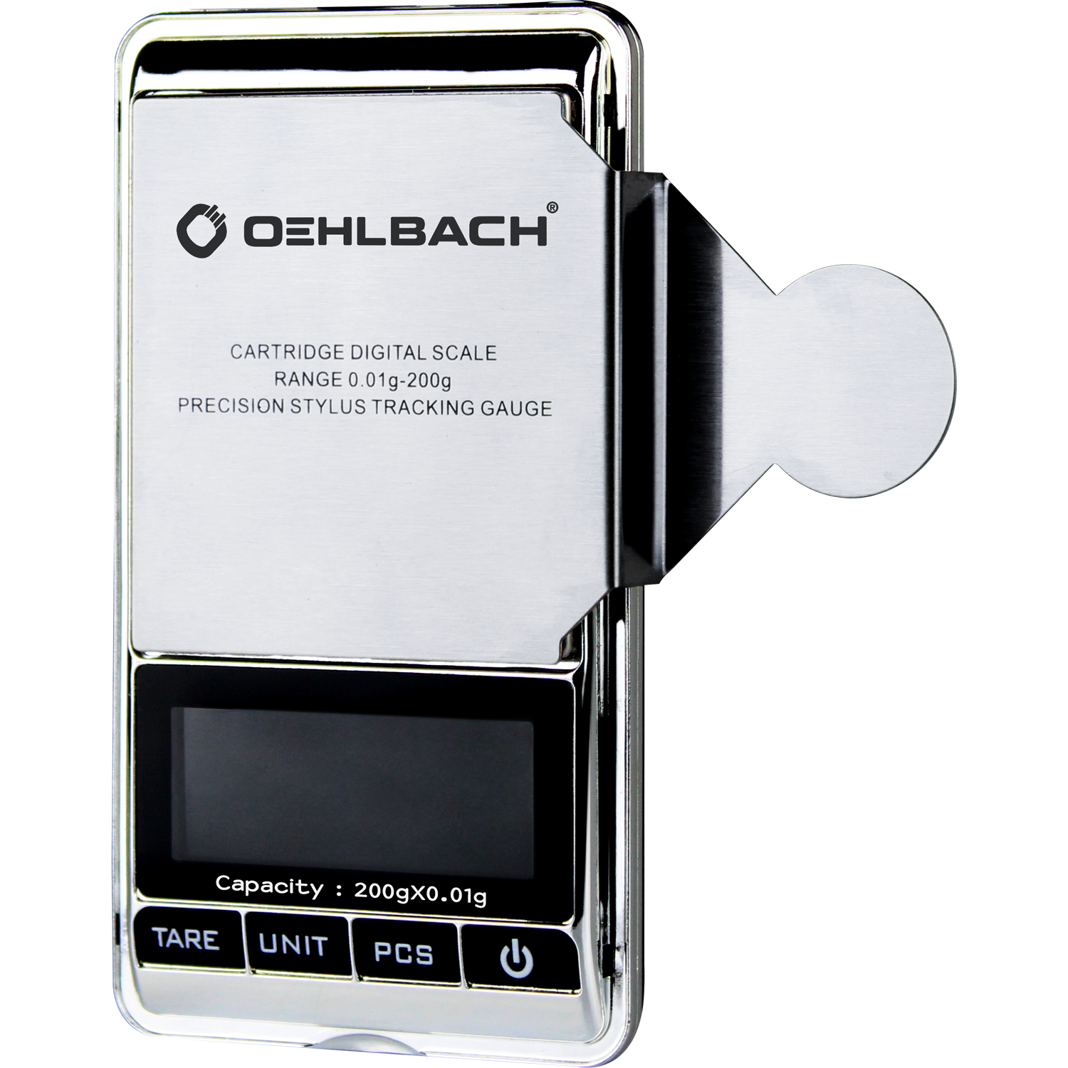 Tonarm-Waage Oehlbach mit digitaler Anzeige 0.01 g auf schwarzer Oberfläche Tasten links und rechts Display in der Mitte