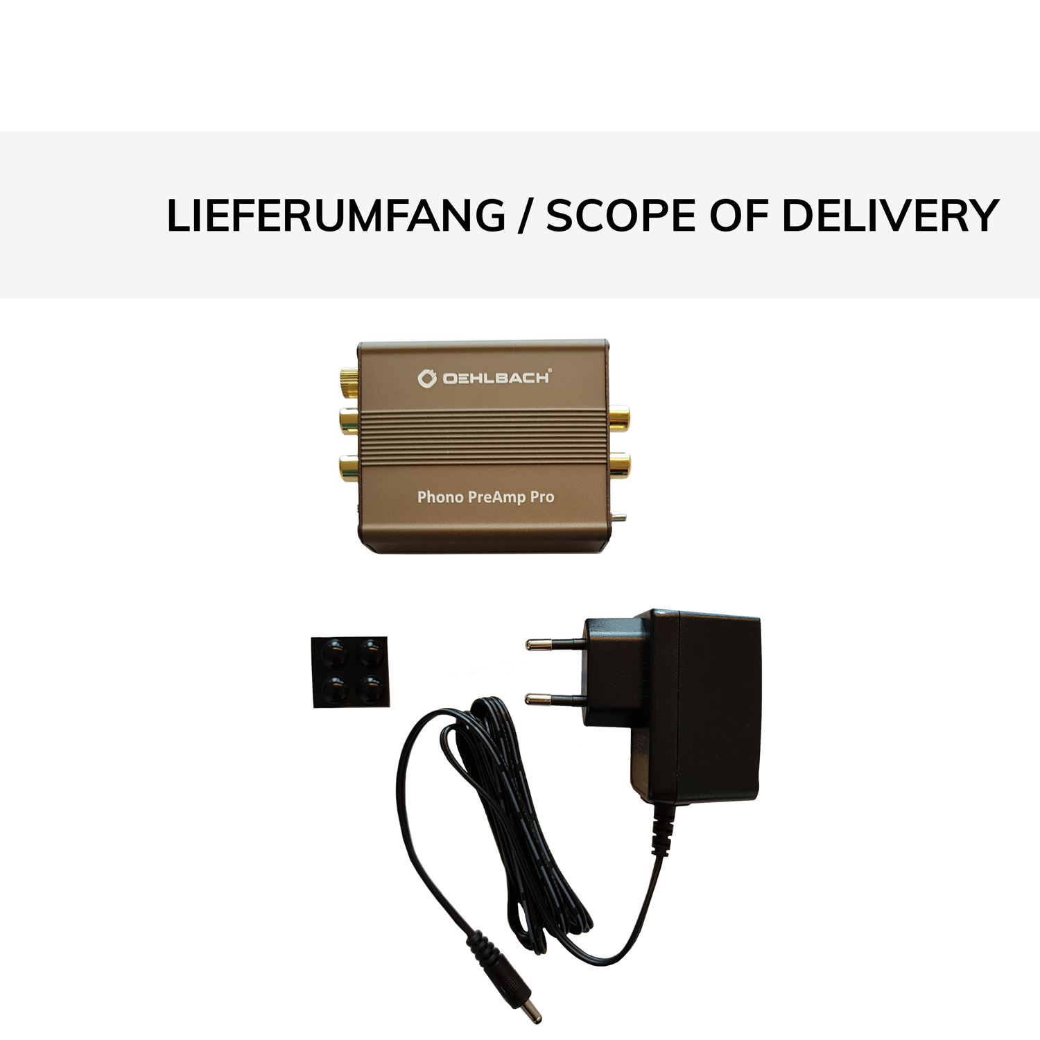 Phono-Vorverstärker Oehlbach schwarz rechteckig mit silbernem Drehregler links Schriftzug Phono PreAmp Pro oben links