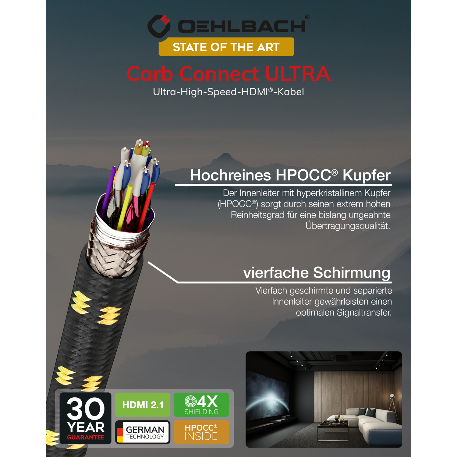 HDMI-Kabel mit Aufschrift Ultra High Speed - schwarzes Kabel mit goldenen Steckern - Oehlbach-Logo unten links
