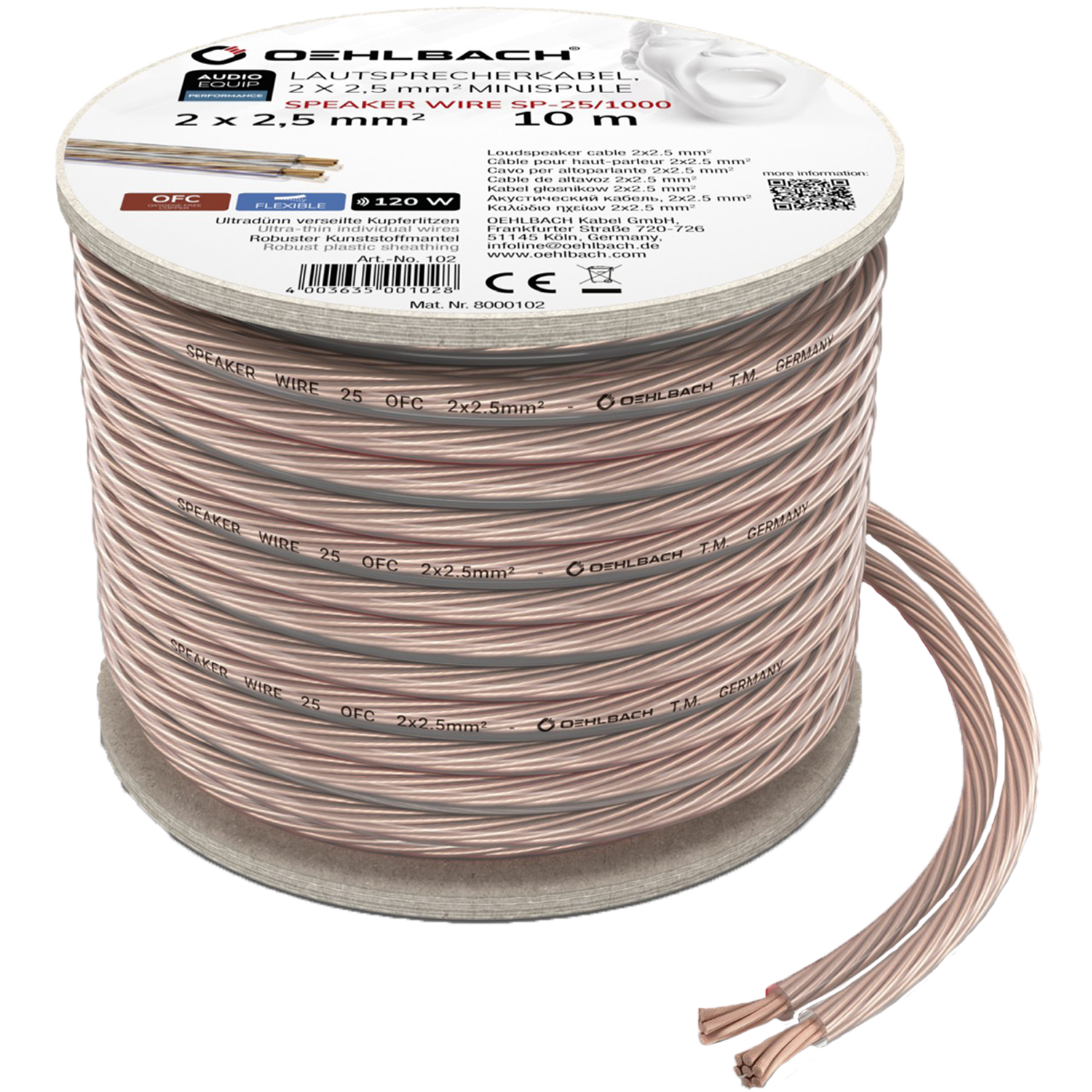 Speaker Wire SP-25 Lautsprecherkabel Lautsprecherkabel Oehlbach transparent mit Kupferadern spiralförmig aufgewickelt auf hellem Hintergrund