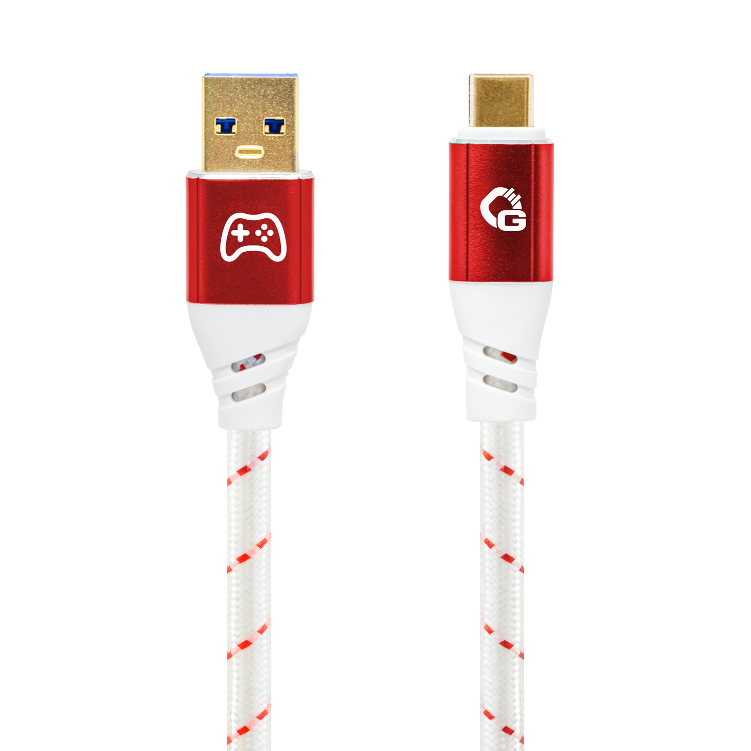USB-A- auf USB-C-Kabel mit roten Steckern, Symbolen für Gaming