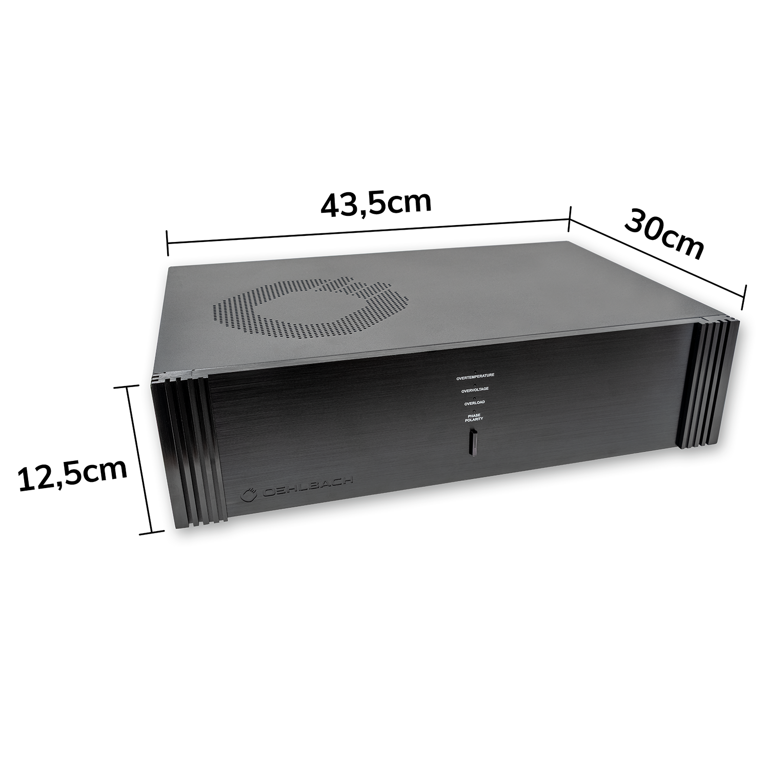 Schwarzes Oehlbach-Gerät mit Maßen 43,5 cm × 30 cm × 12,5 cm, Beschriftung und Lüftung oben