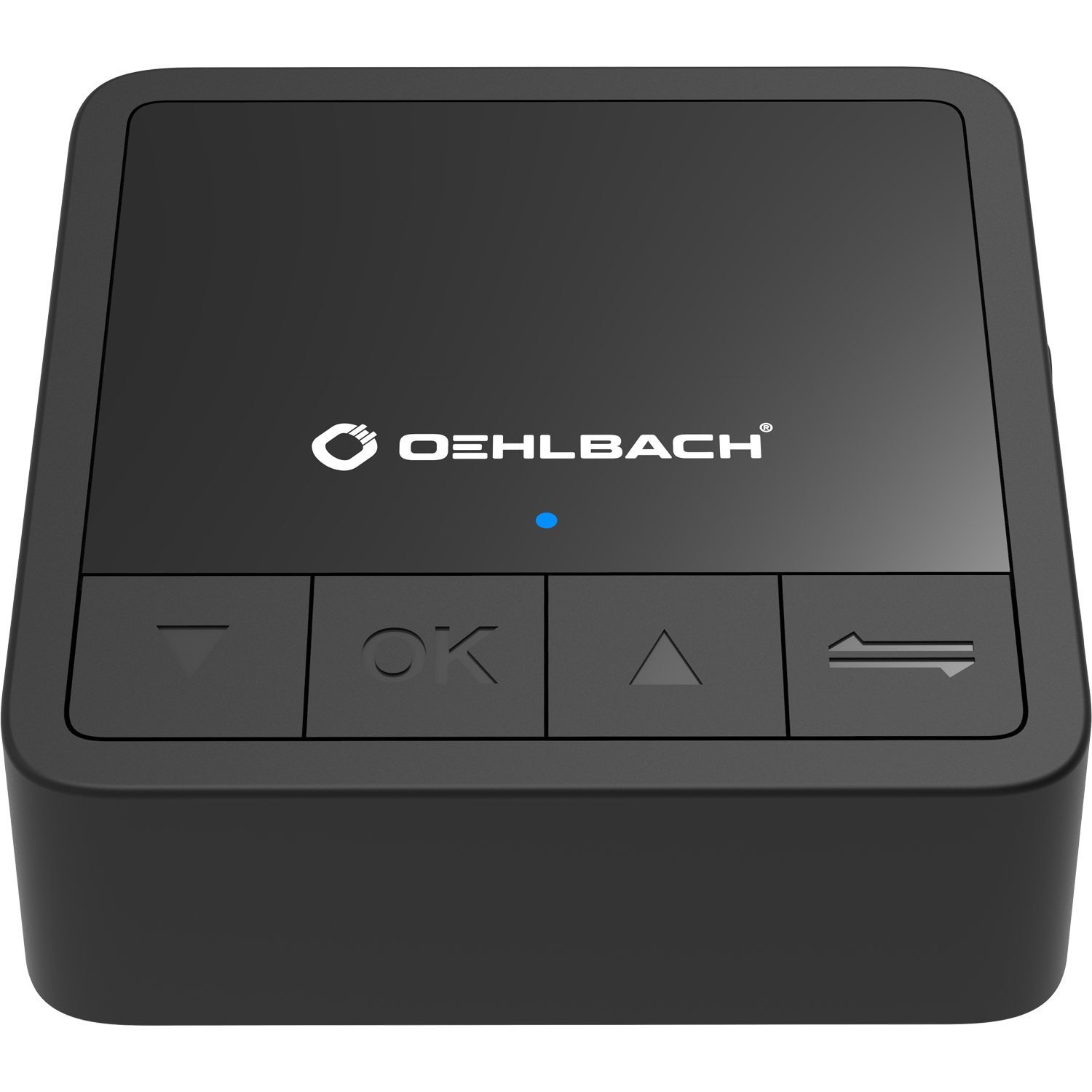 Oehlbach Bluetooth Transmitter Receiver quadratisch schwarz mit Logo Oehlbach oben Aufschrift TX RX darunter LED-Anzeigen links