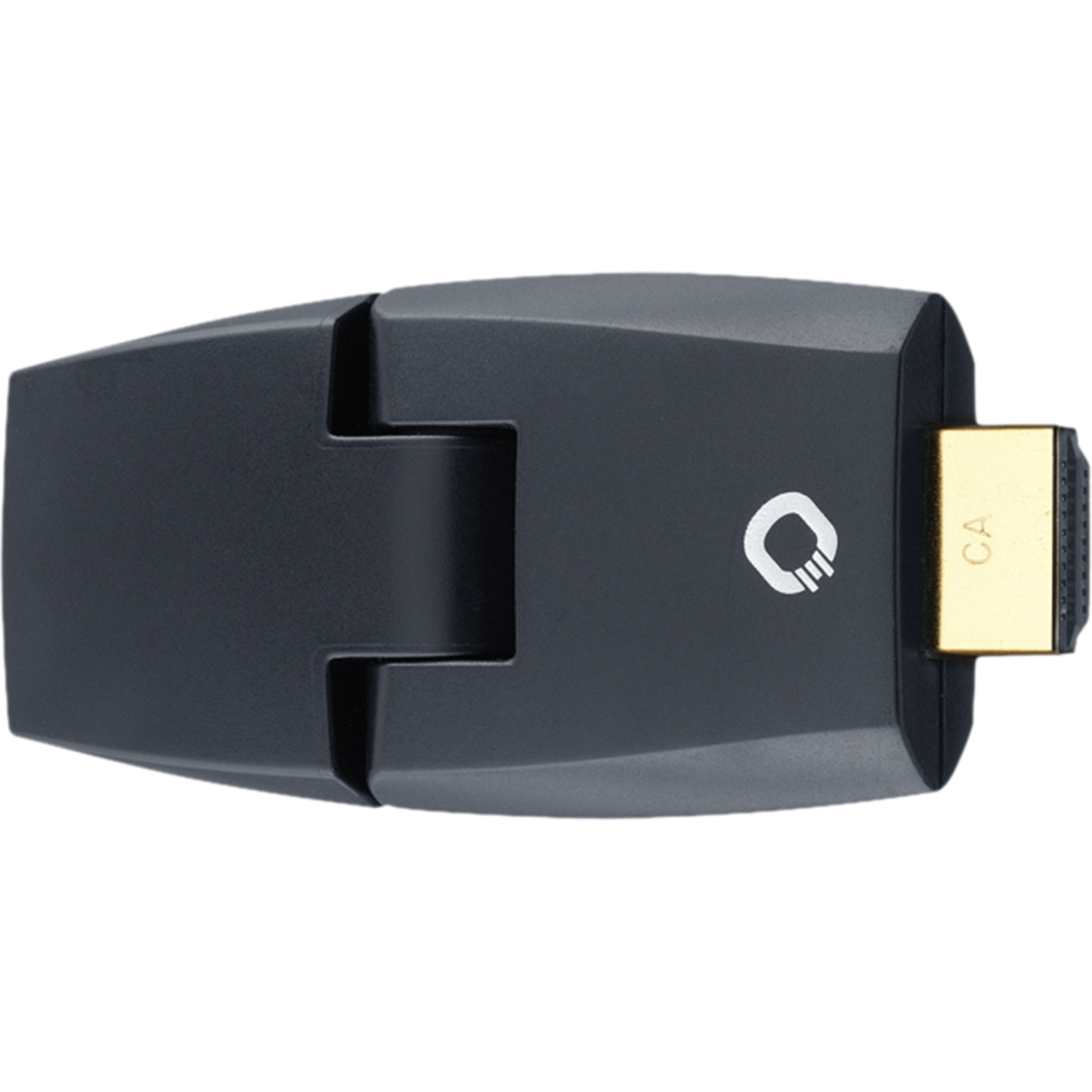 Adapter 180 Grad schwenkbar für HDMI von Oehlbach in Schwarz mit HDMI-Stecker und HDMI-Buchse nebeneinander auf grauem Hintergrund