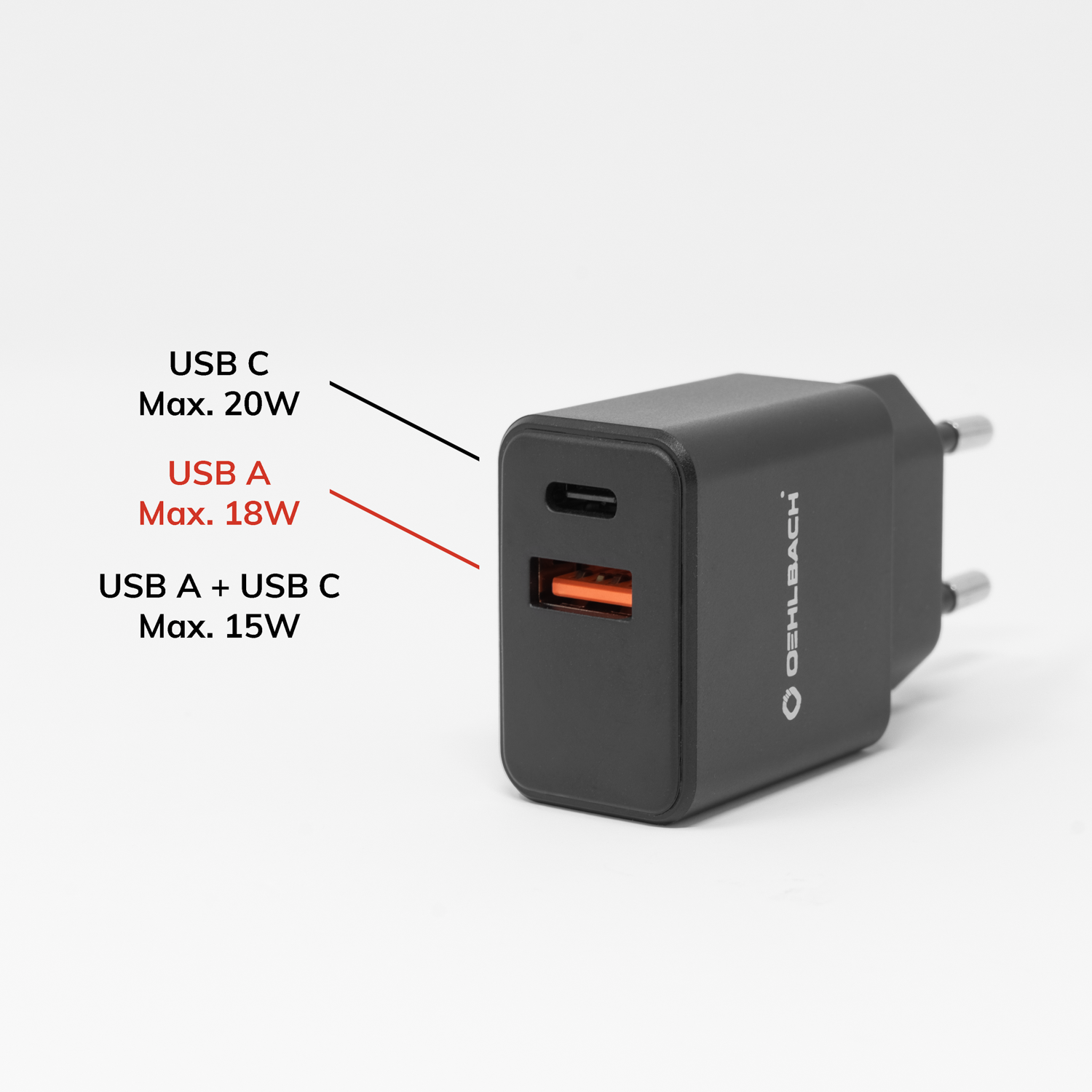 Oehlbach-Ladegerät mit USB-A und USB-C, Leistungsangaben beschriftet