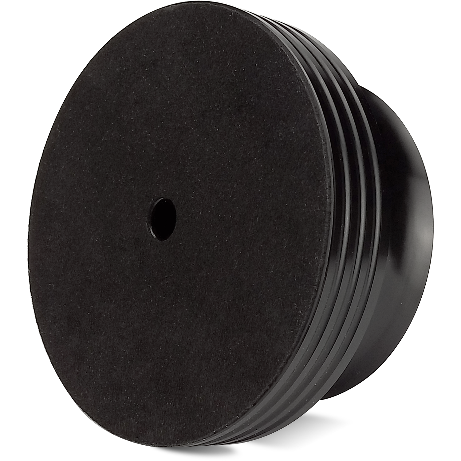 Phono Weight Plattengewicht Plattengewicht Oehlbach silber zylindrisch mit schwarzem Ring und Oehlbach-Logo obenansicht auf weißem Hintergrund