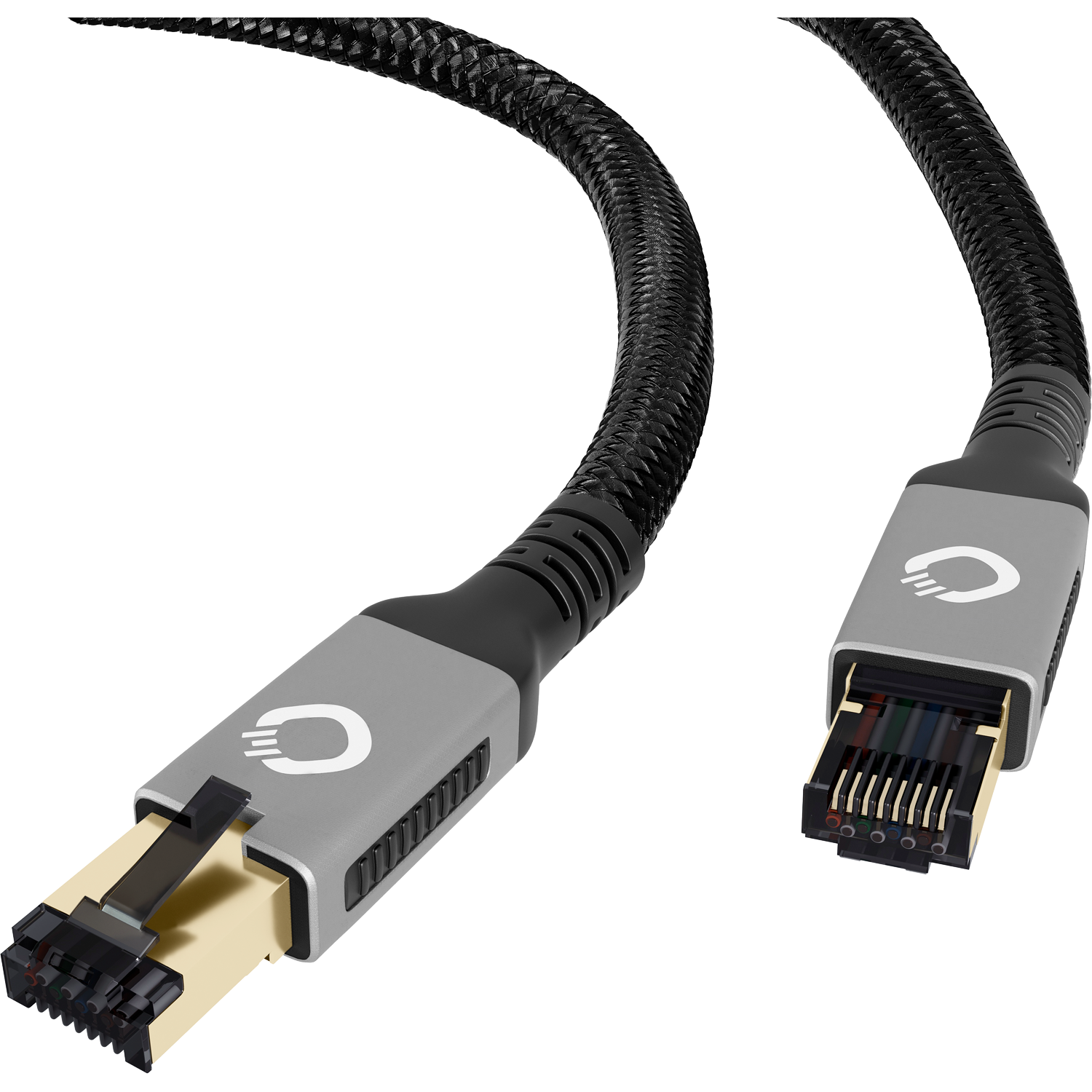 High End Streaming Netzwerk Kabel Cat 8.1 Oehlbach mit schwarzem Geflecht und goldenen Steckern auf weißem Hintergrund