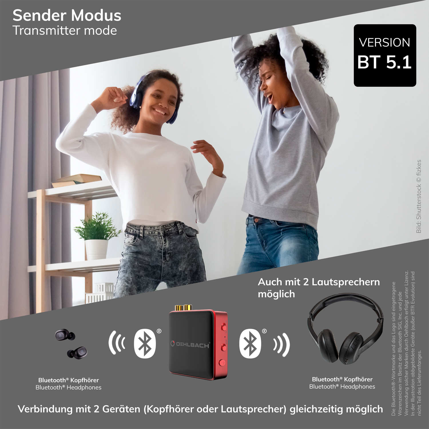 Oehlbach Bluetooth Transmitter Receiver mit schwarzem Gehäuse und blauer LED-Anzeige auf weißem Hintergrund
