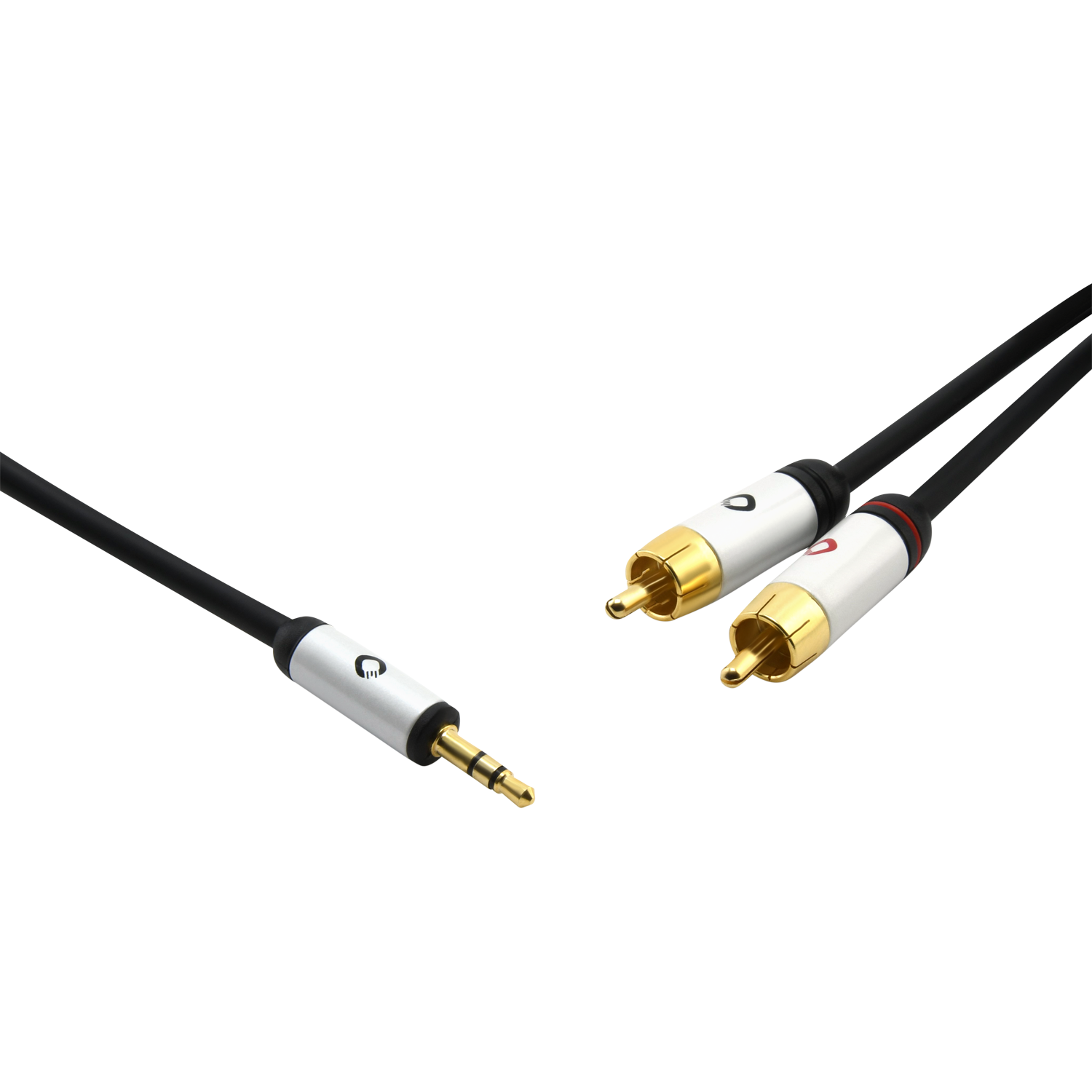 Audiokabel Oehlbach silber mit schwarzem Stecker und Aufschrift i-Connect J-35 R 150 im Hintergrund auf weißem Untergrund