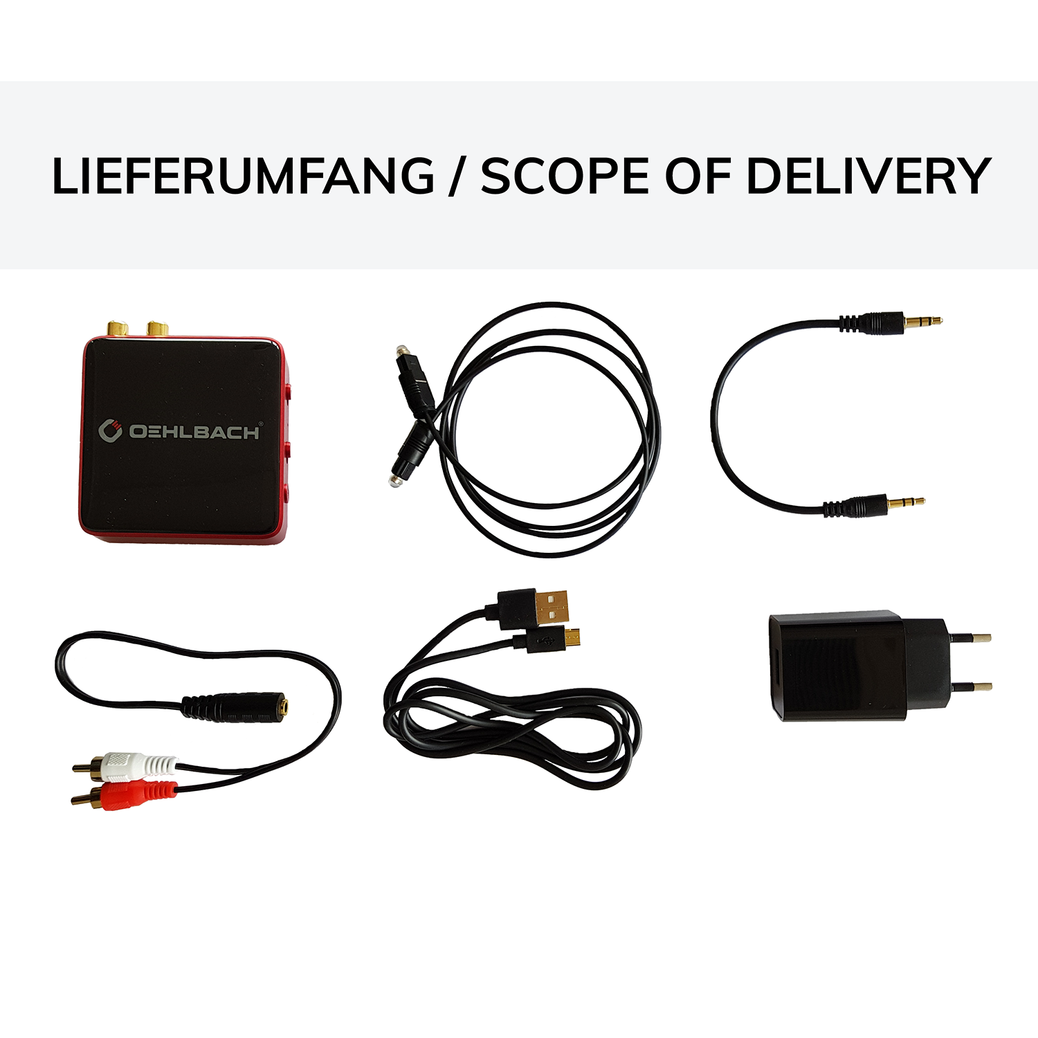 Bluetooth Transmitter Receiver Oehlbach schwarz kompakte Bauform Logo Oehlbach oben mittig LED-Anzeigen vorne links