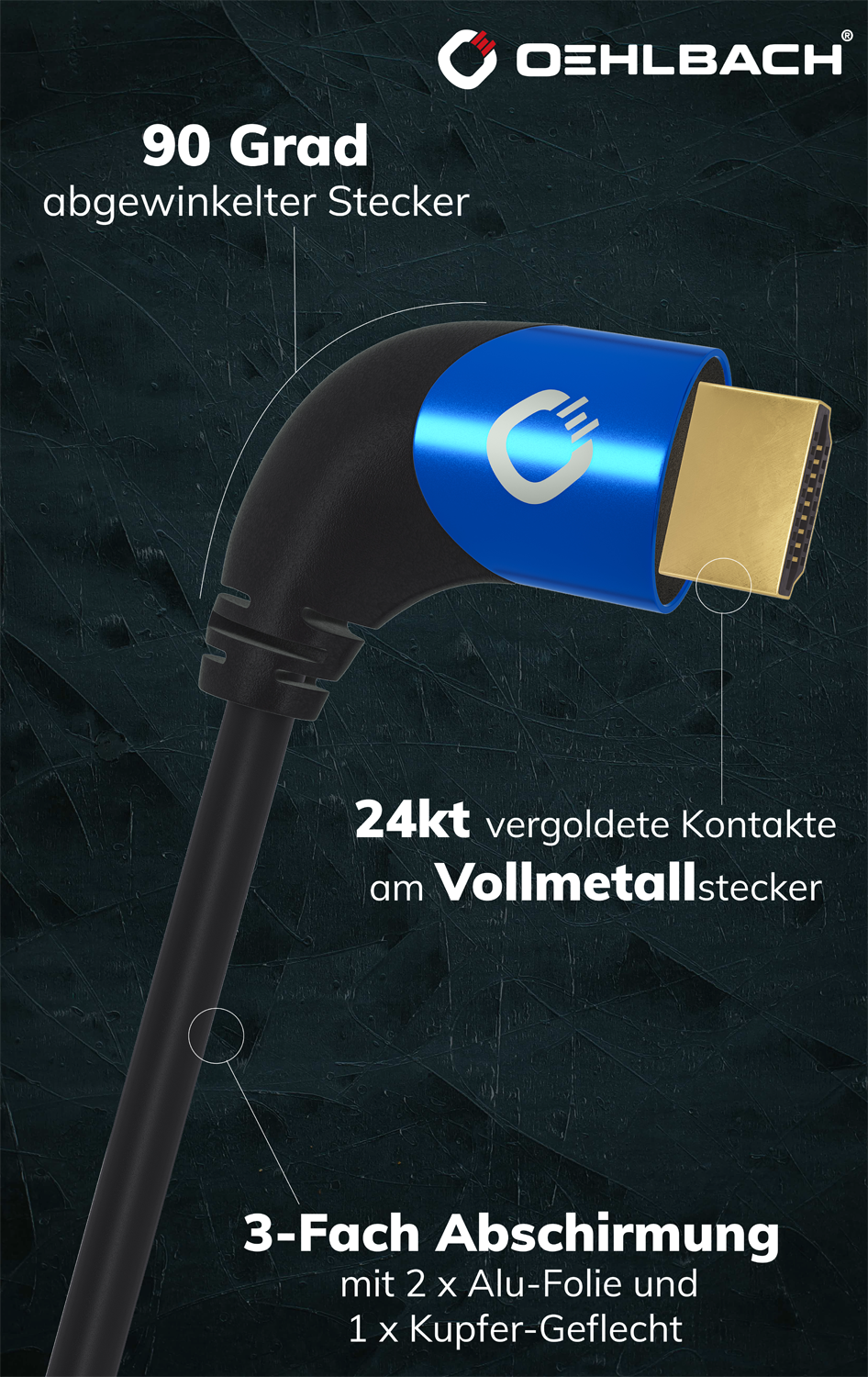 HDMI-Kabel mit Aufschrift Ultra High Speed Oehlbach vor weißem Hintergrund Kabelenden mit goldfarbenen Steckern sichtbar