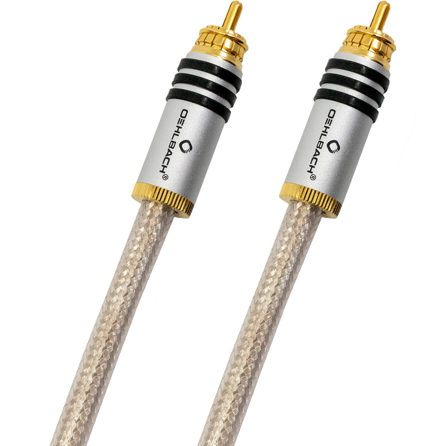Digitales Audio-Cinchkabel Oehlbach Silvershield Flex mit schwarzem Kabel und goldfarbenen Steckern vor weißem Hintergrund.