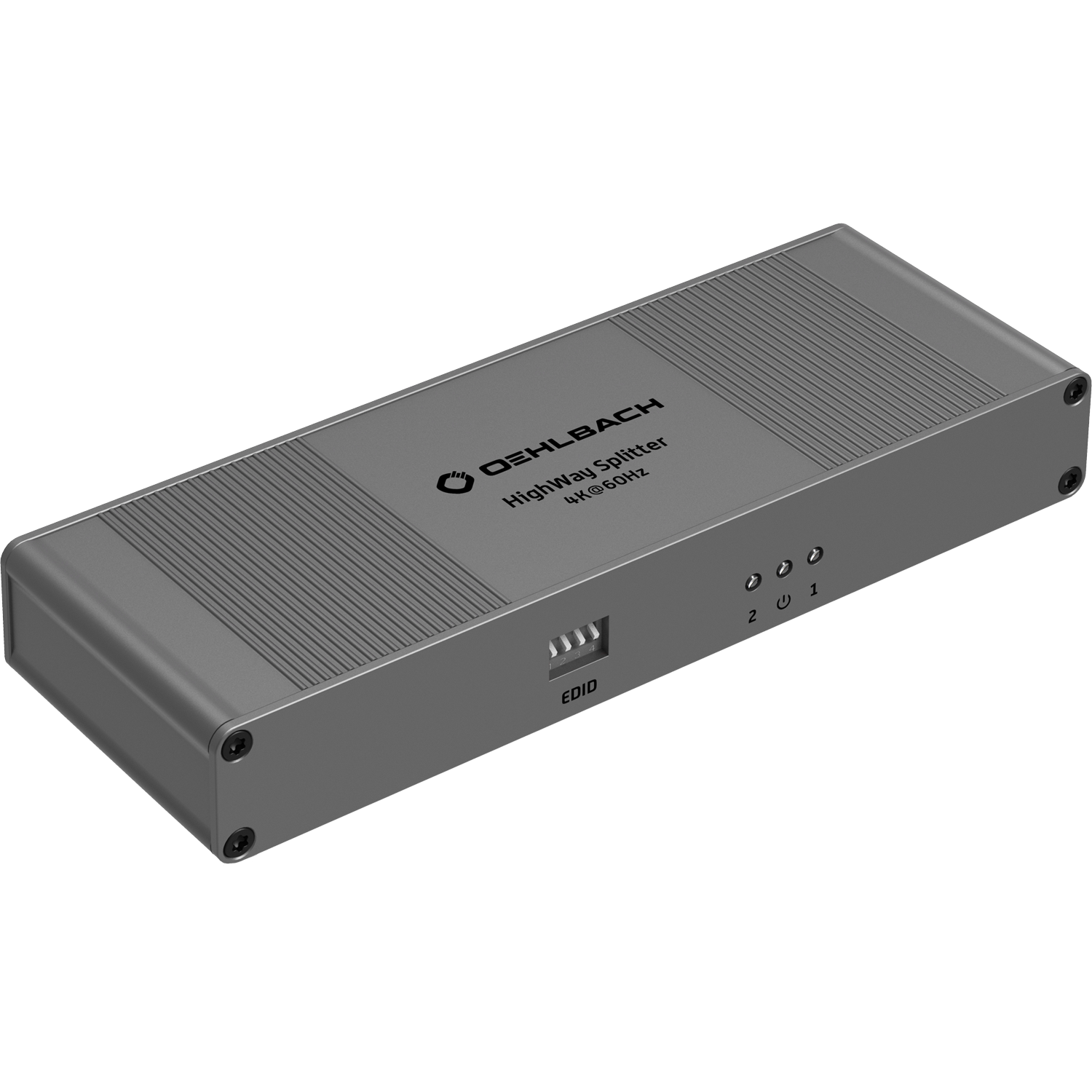 4K Signal-Verteiler für HDMI Oehlbach auf weißem Hintergrund mit schwarzen Anschlüssen und Oehlbach-Logo oben links