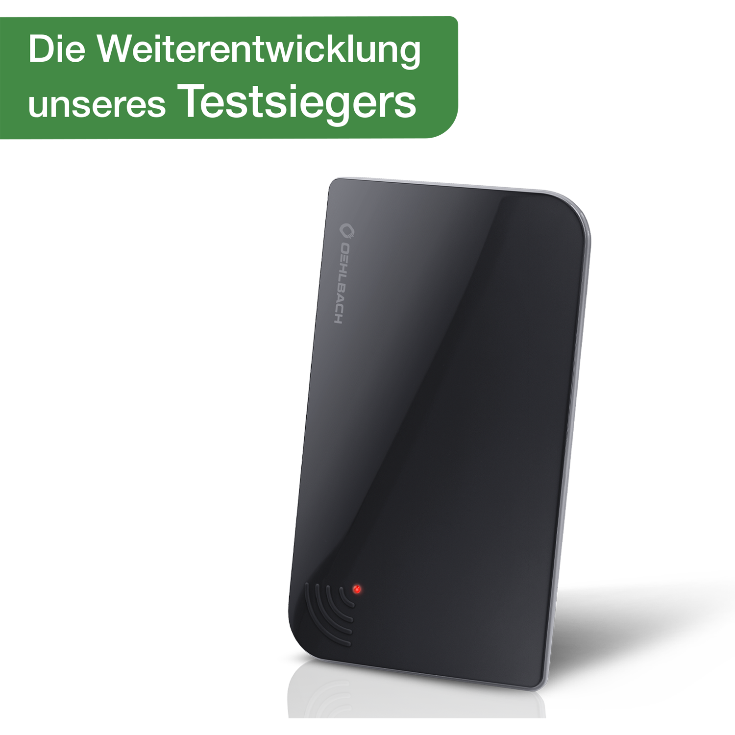 Zimmerantenne in Schwarzgrau auf weißem Hintergrund quadratische Basis mit Oehlbach Logo Kabel links 5G Filter Text sichtbar