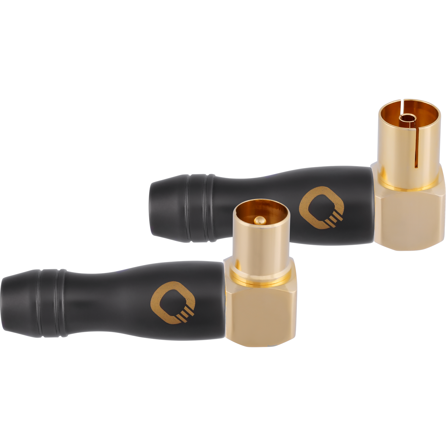 Zwei silberne Antennenstecker mit goldenen Spitzen und schwarzem Gehäuse. Oehlbach Logo auf beiden Steckern.