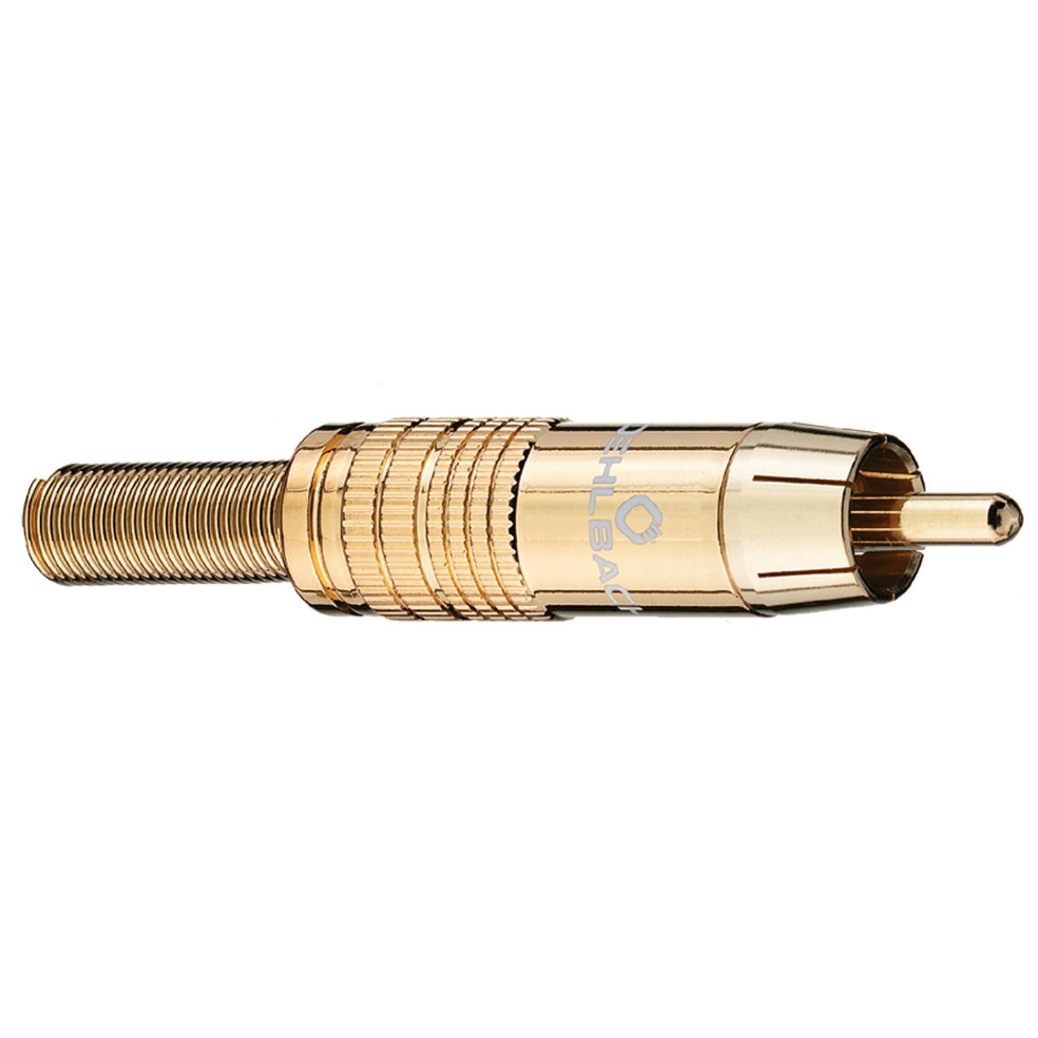 Abgebildet ist ein weißer Cinch-Stecker Oehlbach von rechts mit goldener Spitze und Oehlbach-Logo auf dem Gehäuse.