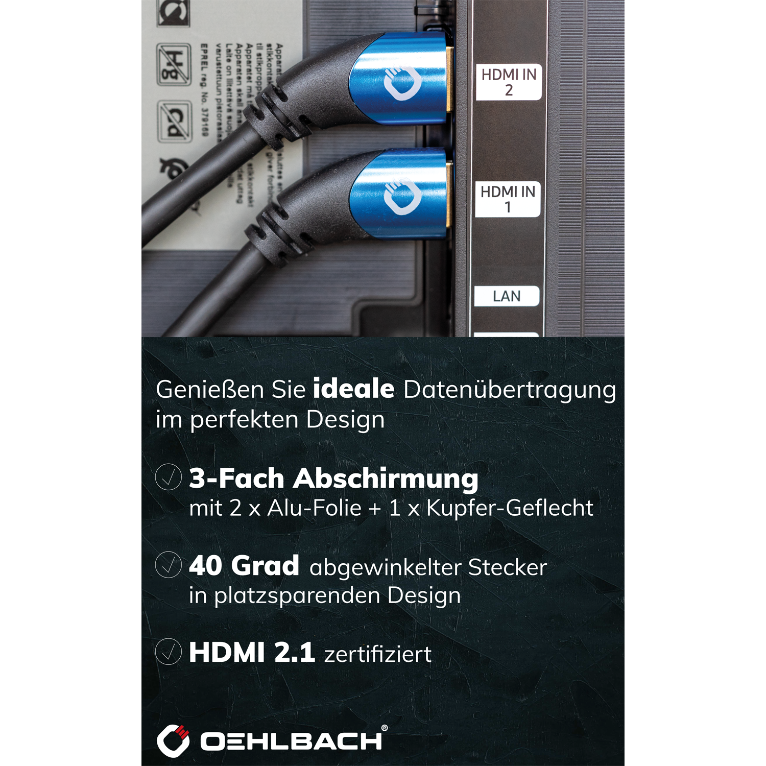Shape Magic UHD 40 Ultra High-Speed HDMI Kabel Ultra High-Speed HDMI Kabel Oehlbach silberne Anschlüsse schwarzes Kabel Text Ultra High Speed HDMI 2.1 rechts oben