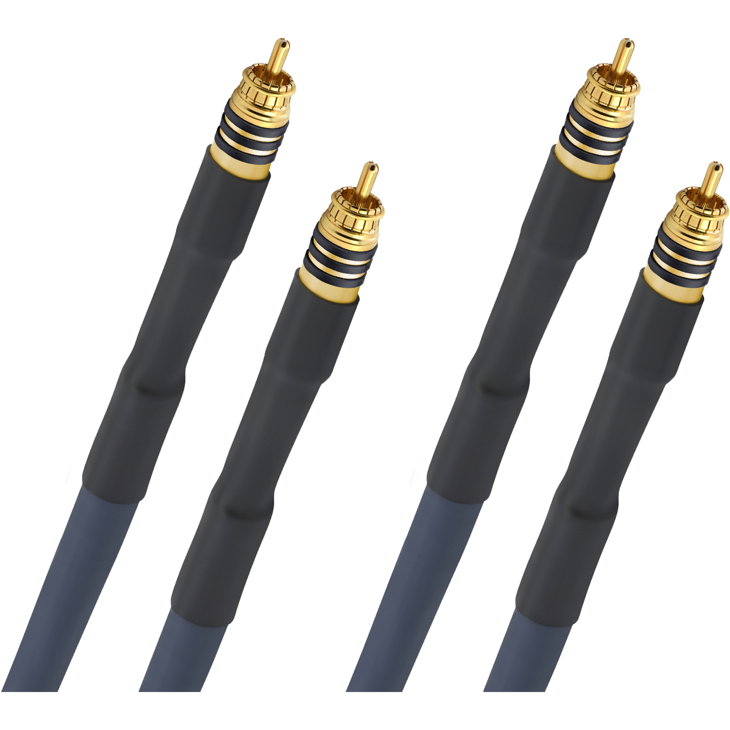 Symmetrisches High-End NF-Audio Cinch-Kabel Oehlbach goldene Stecker schwarzes Kabel diagonal im Bild Hintergrund weiß
