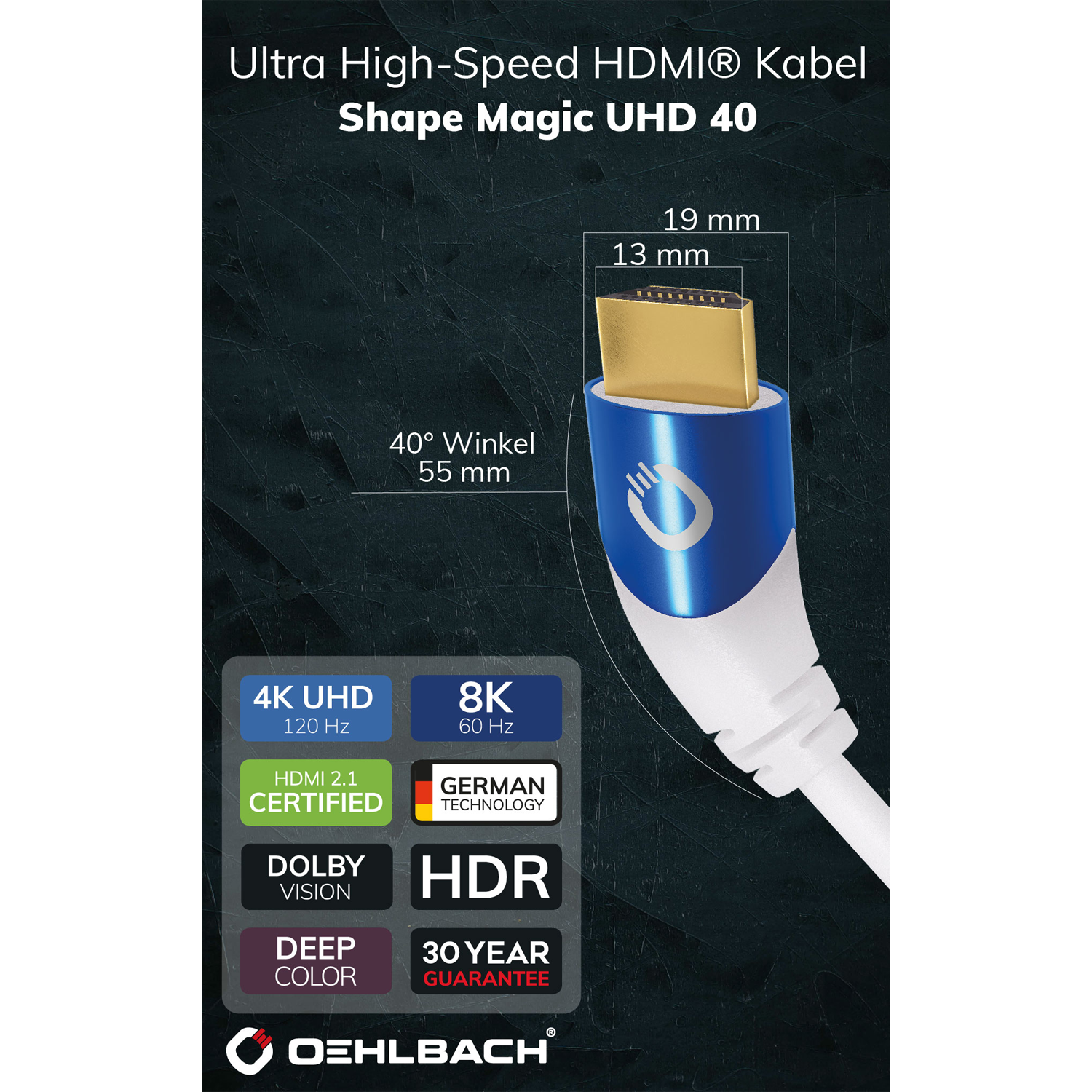 HDMI-Kabel mit Aufschrift Ultra High Speed Oehlbach schwarz mit goldenen Steckern auf weißem Hintergrund