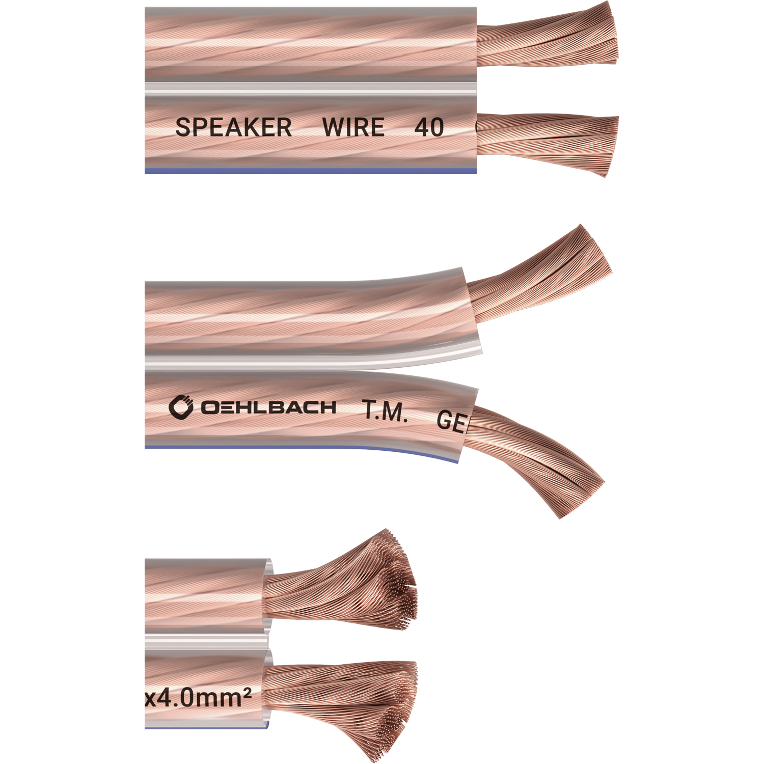 Speaker Wire SP-40 Lautsprecherkabel Lautsprecherkabel Oehlbach Nahaufnahme zeigt Kabel mit transparentem Mantel und Kupferdrähten vor weißem Hintergrund