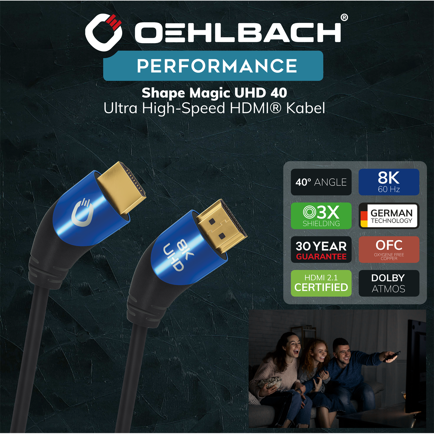 Shape Magic UHD 40 Ultra High-Speed HDMI Kabel HDMI-Kabel Oehlbach mit Aufschrift Ultra High Speed vor weißem Hintergrund Kabelende mit Stecker links sichtbar