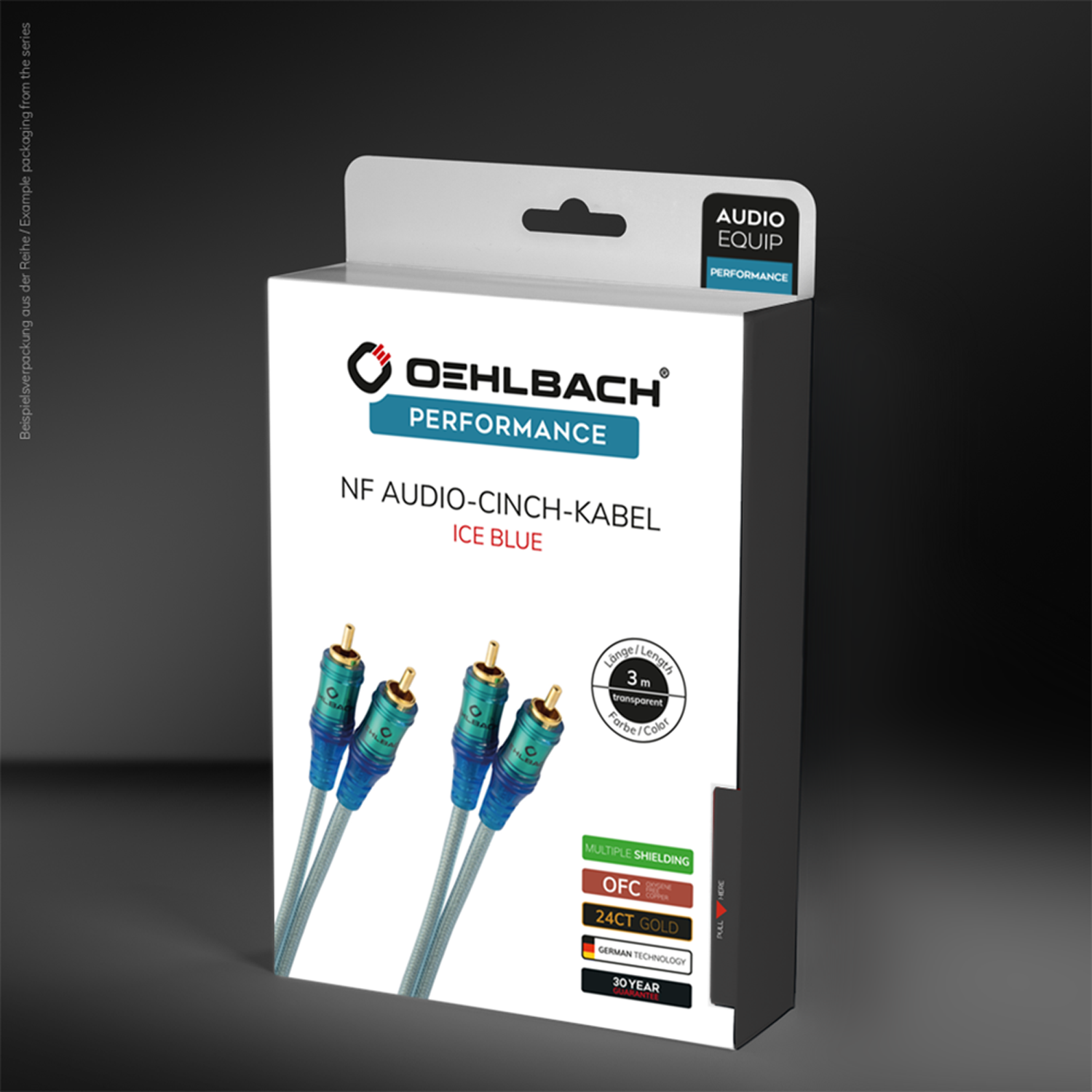 3D-Verpackung von NF Audio-Cinch-Kabel Oehlbach in Eisblau mit Produktname und Logo oben links